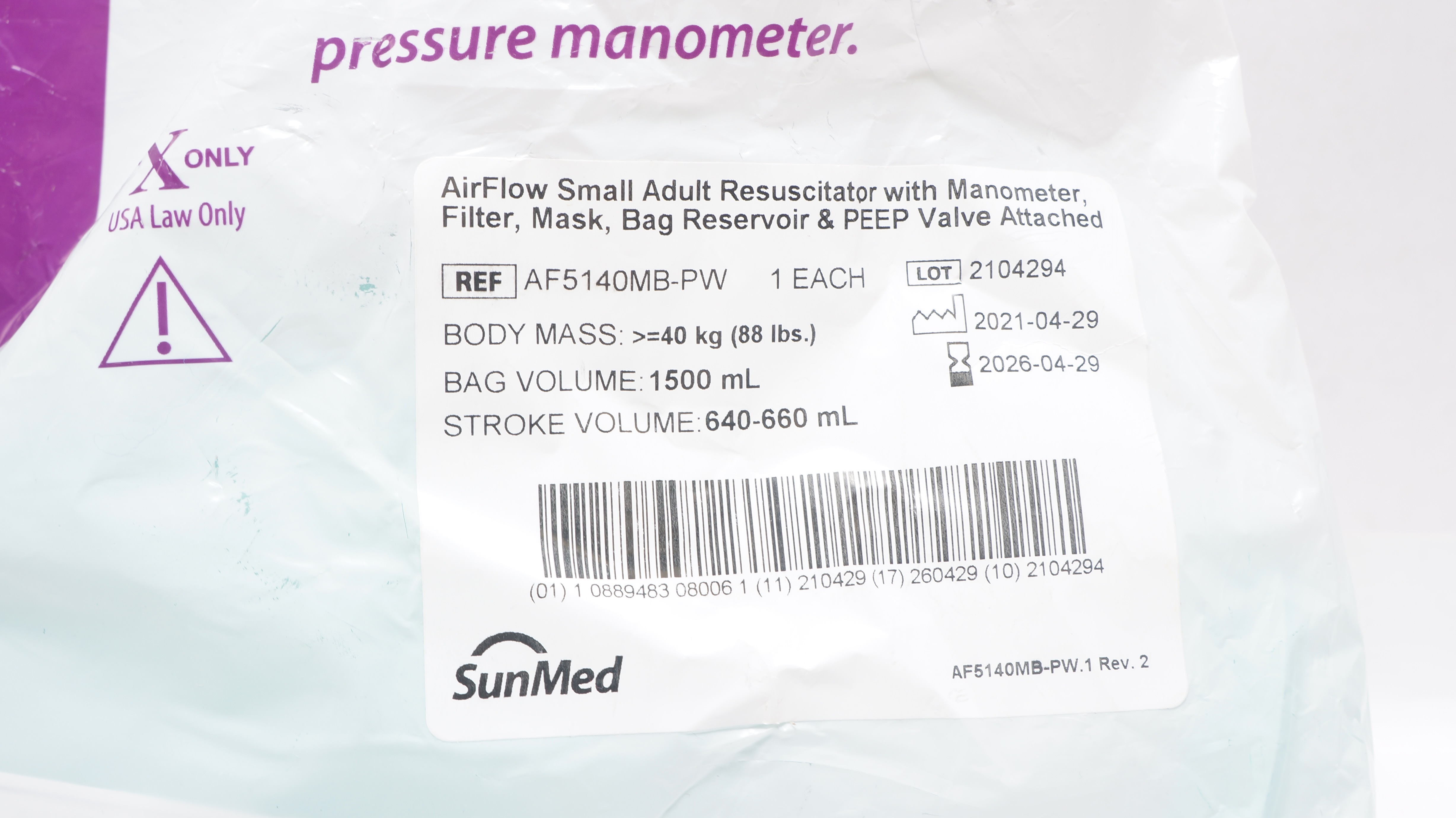 SunMed AF5140MB-PW AirFlow Small Adult Resuscitator with Manometer Filter Mask