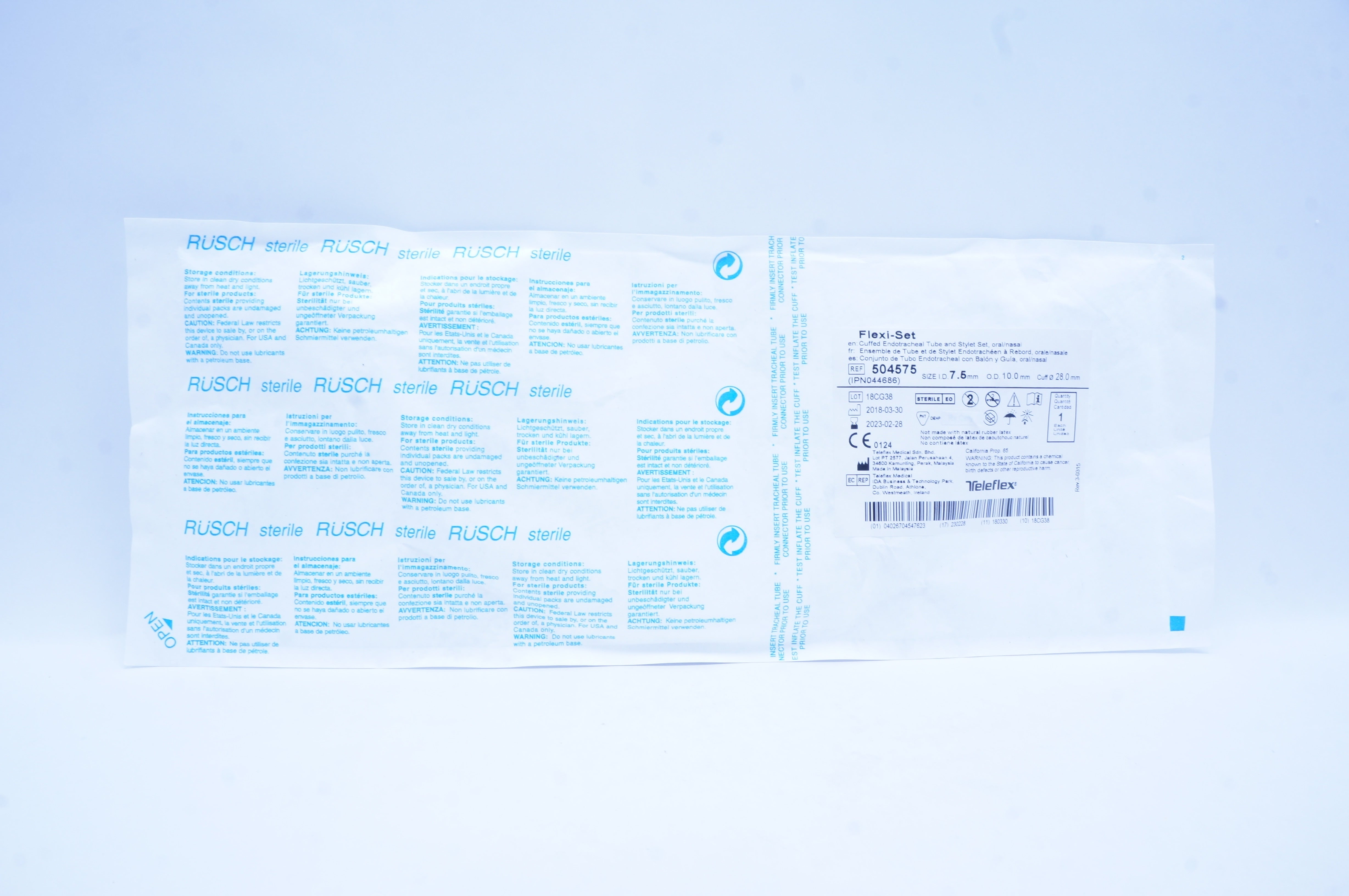 Teleflex 504575 Flexi-Set Endotracheal Tube And Stylet 7.5 ID x 10.0 OD x 28.0mm
