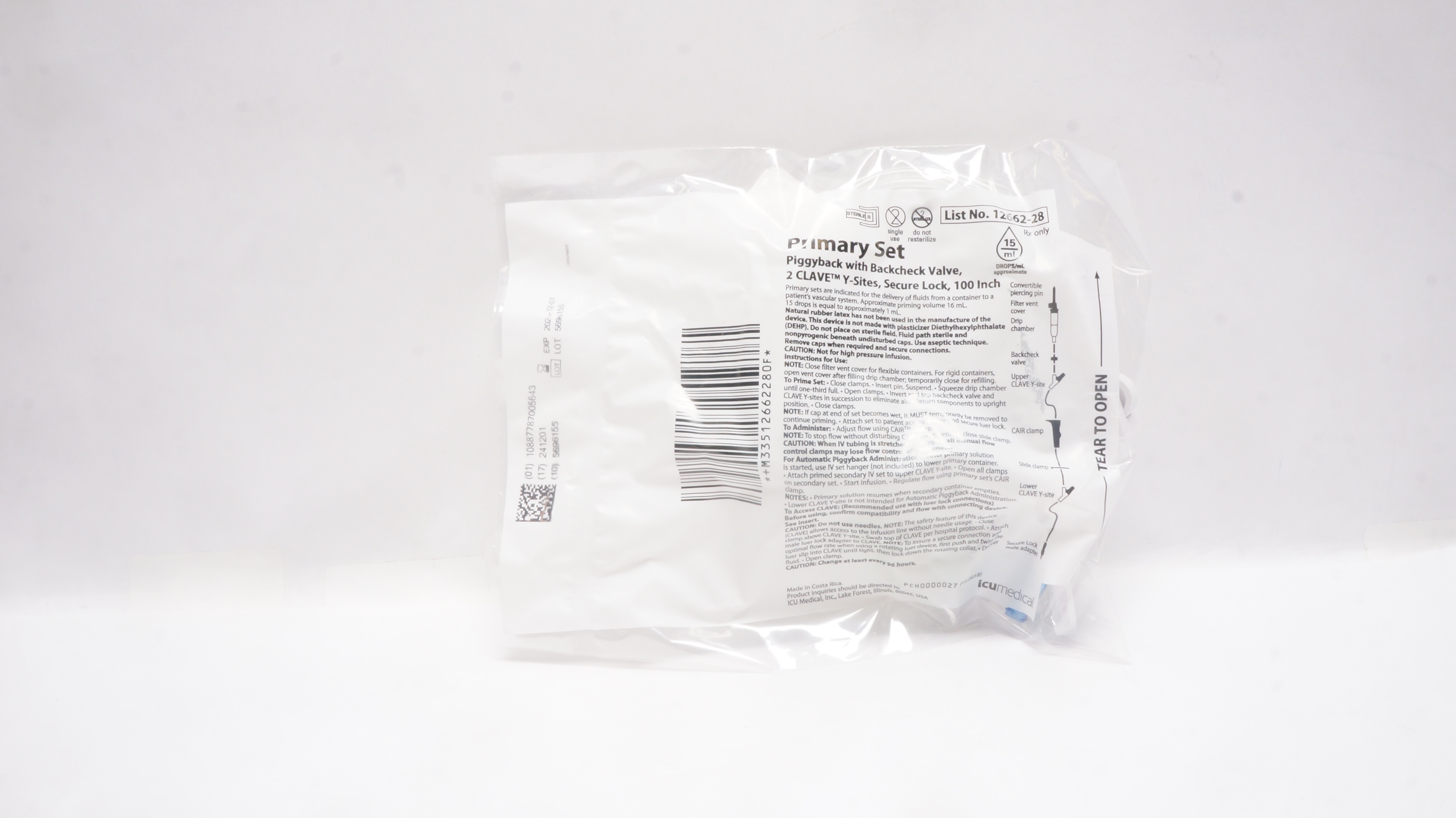 IcuMedical 12662-28 Primary Set Piggyback 2 Clave Y-Sites Secure Lock, 100 Inch