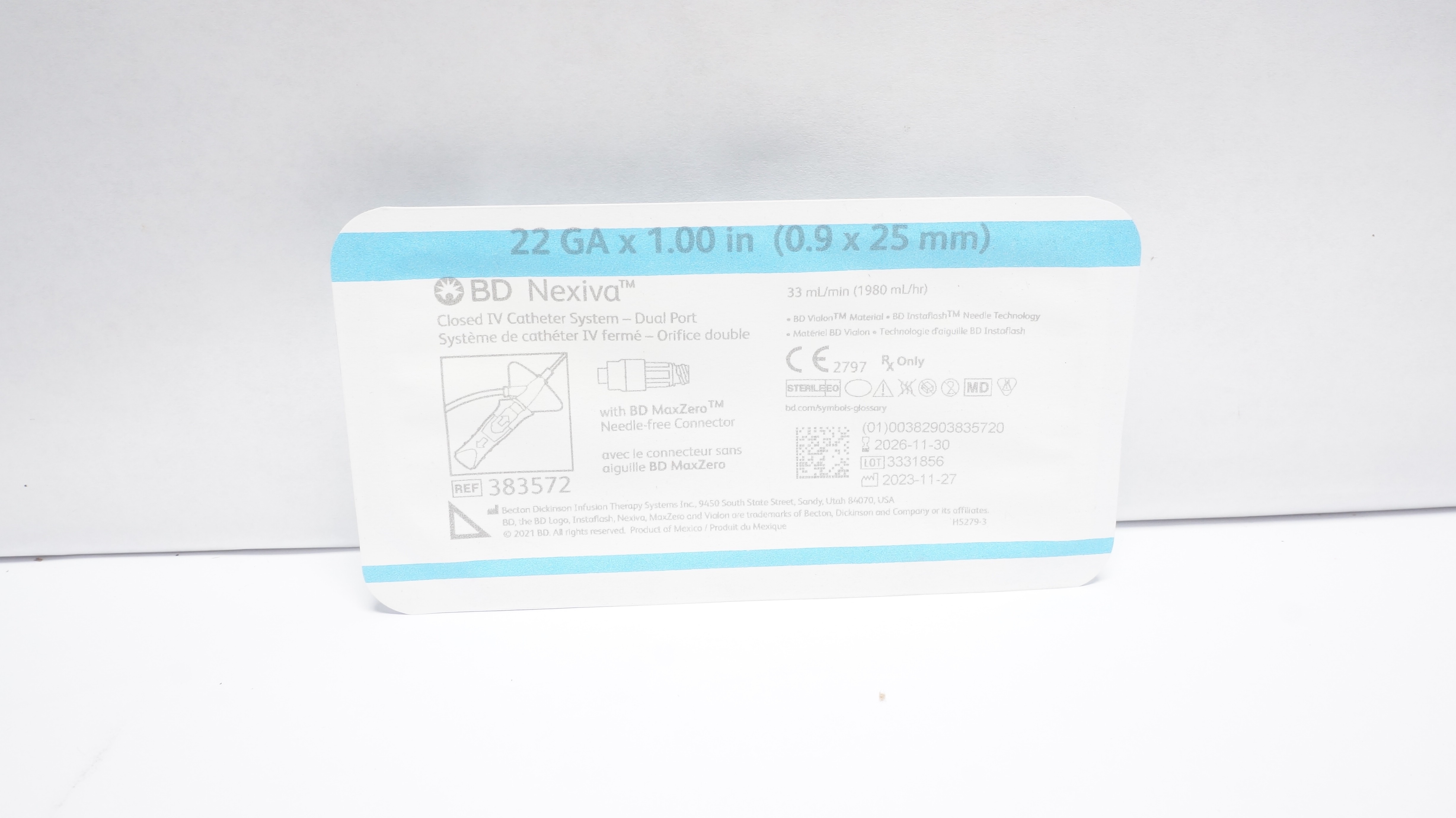 BD 383572 Nexiva Closed IV Cath. System 22Ga x 1.00in 33ml/min