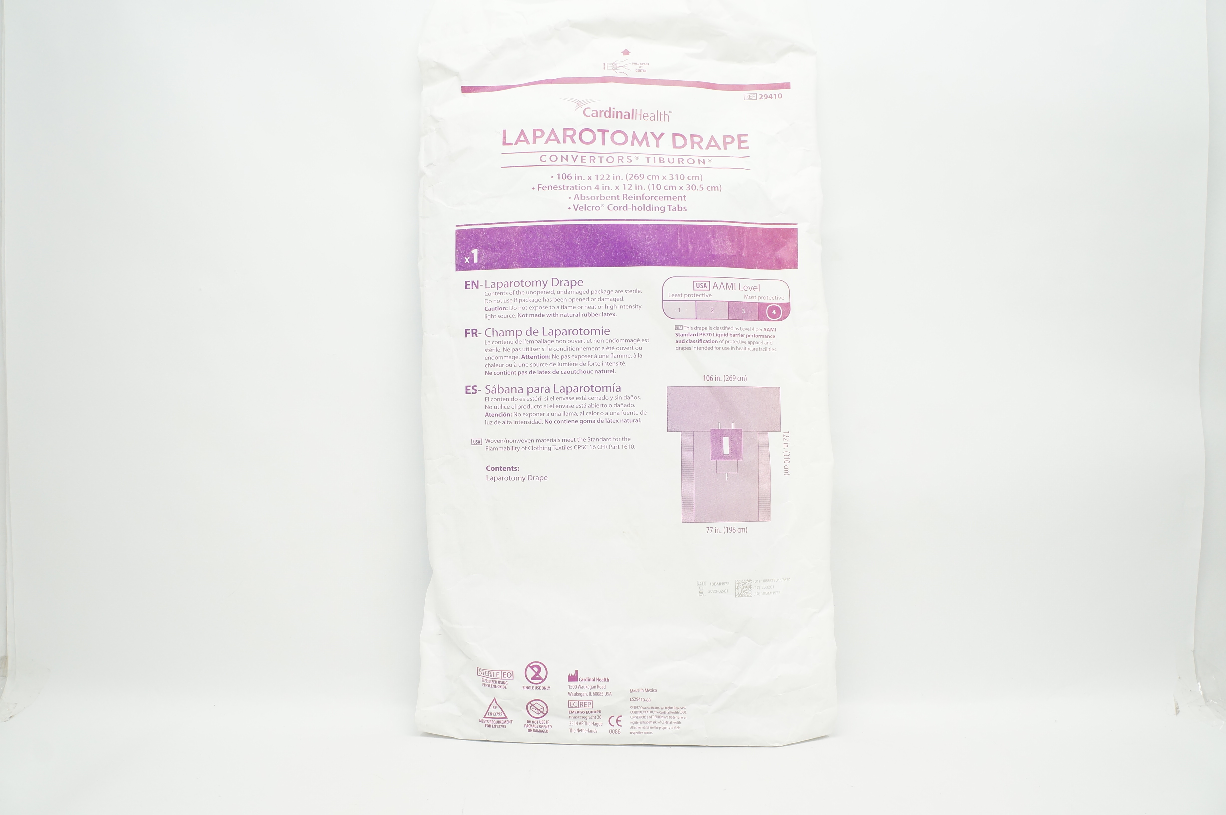 Cardinal Health 29410 Convertors Tiburon, Laparotomy Drape 106inch x 122inch