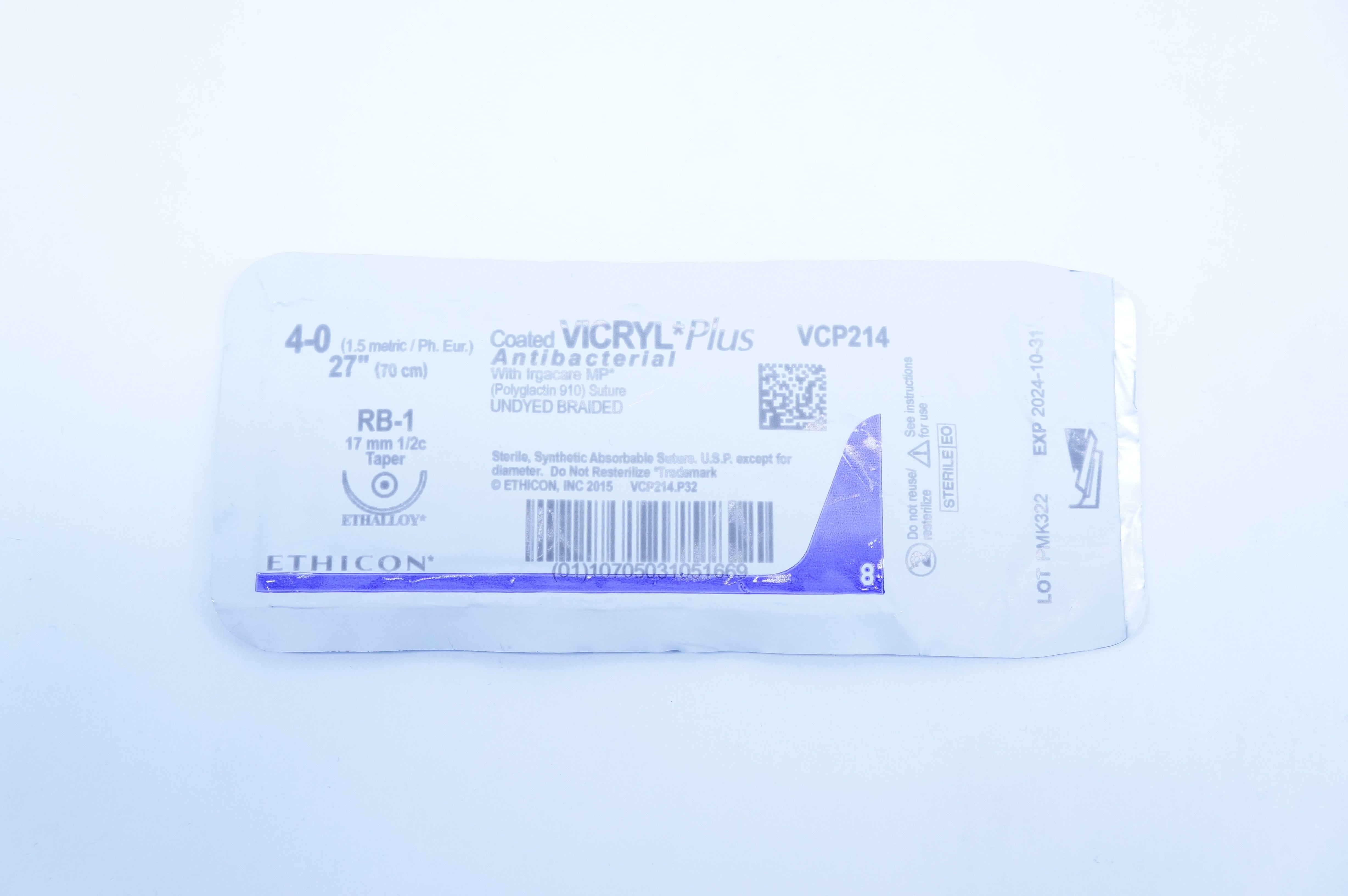 Ethicon VCP214 4-0 Vicryl Antibacterial Stre. Undyed Braided RB-1, 27inch