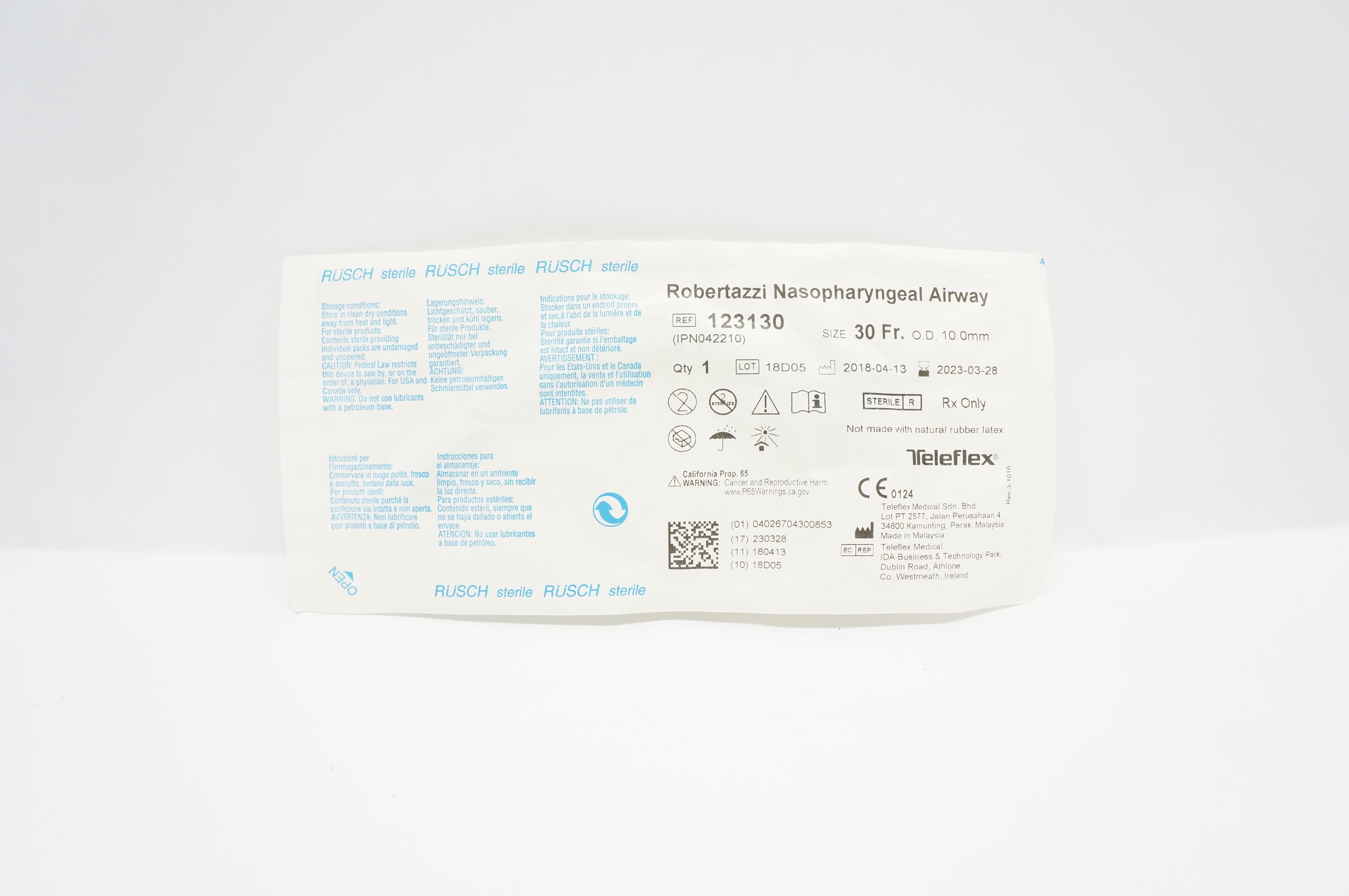 Teleflex 123130 Rusch Robertazzi Nasopharyngeal Airway 30Fr OD 10.0mm