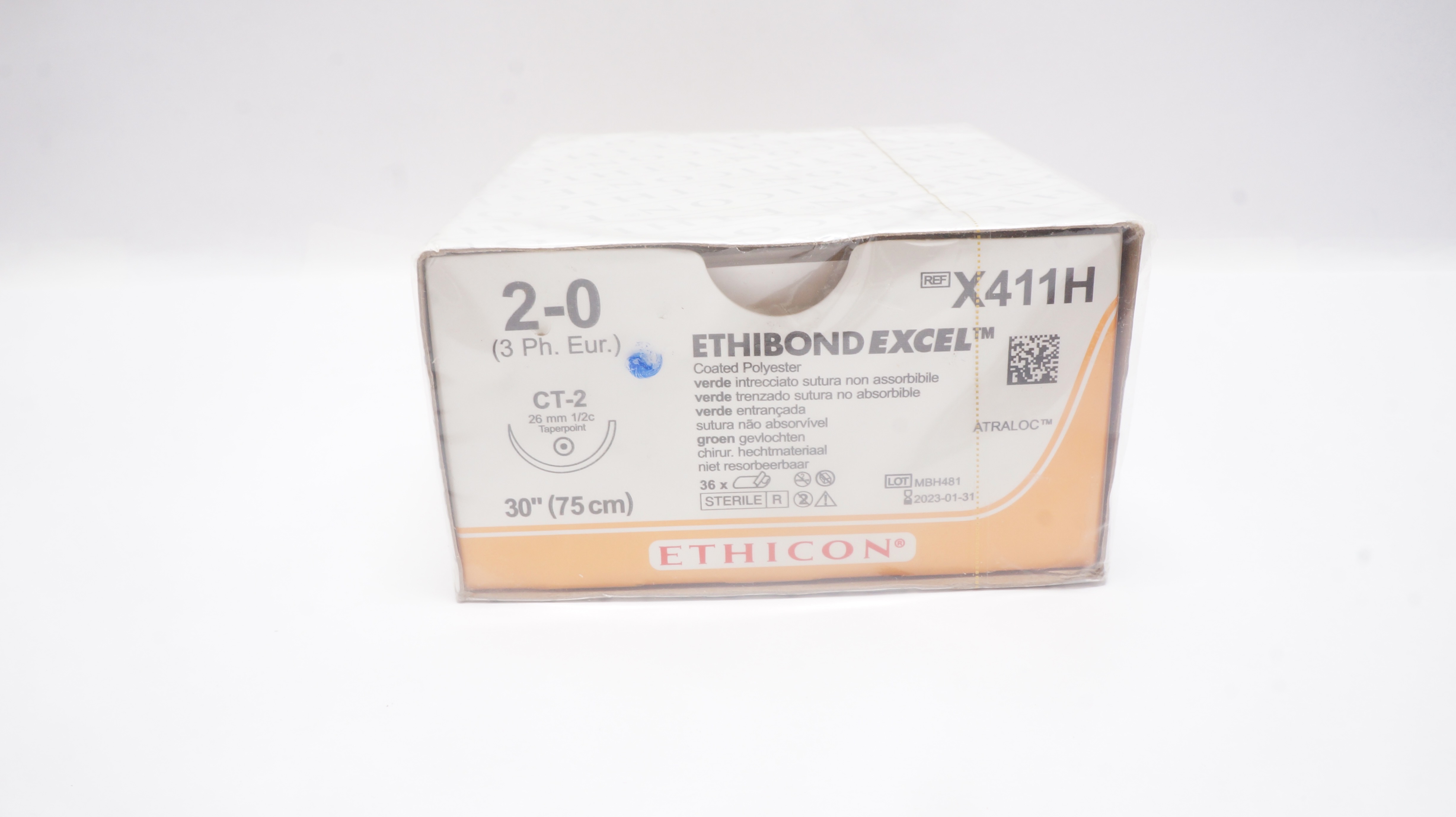 Ethicon X411H 2-0 Ethibond Excel CT-2 26mm 1/2c Taper 30inch (x) - Box of 36