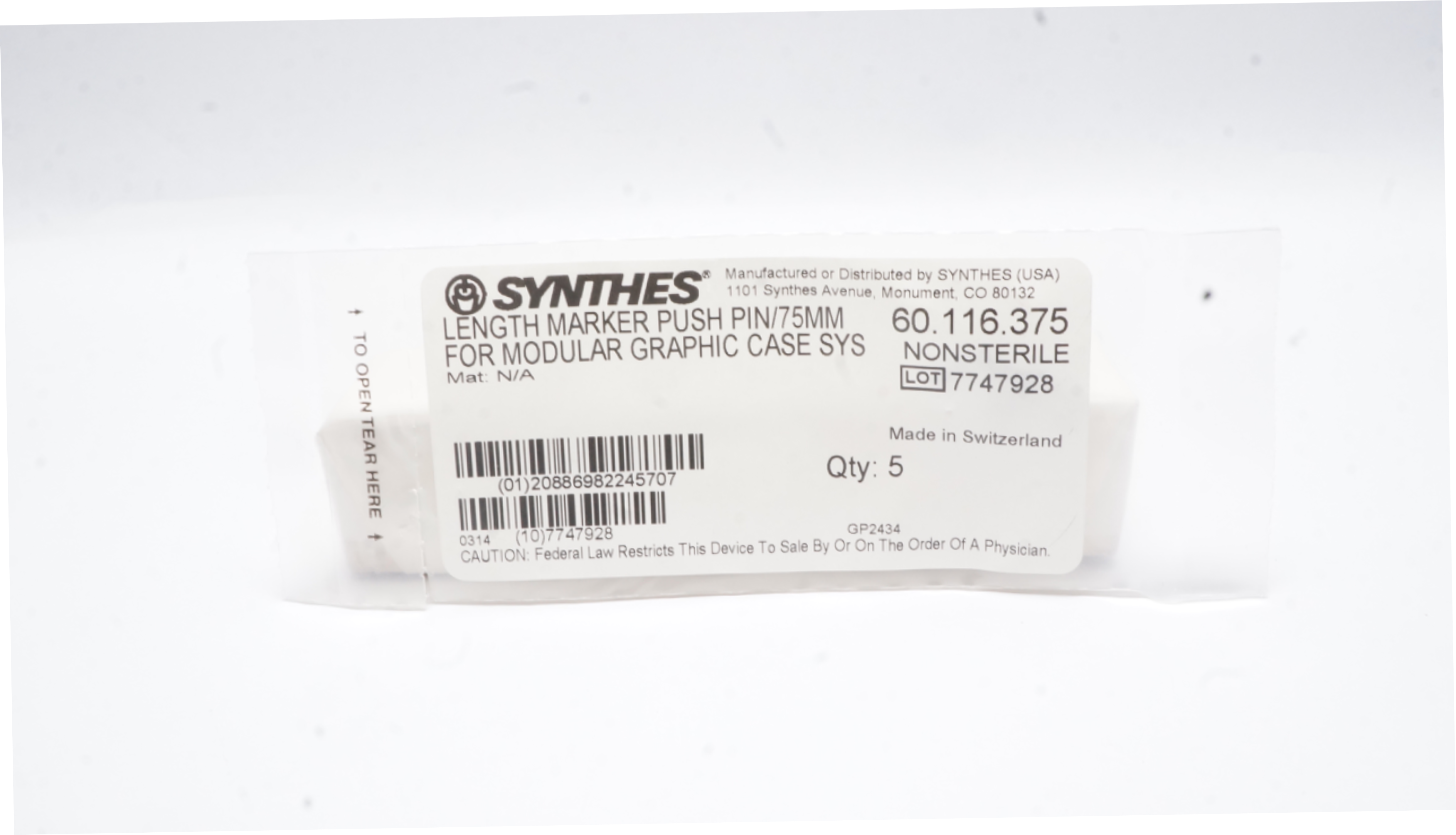 Synthes 60.116.375 Length Marker Push Pin/75mm Nonsterile - Pack of 3