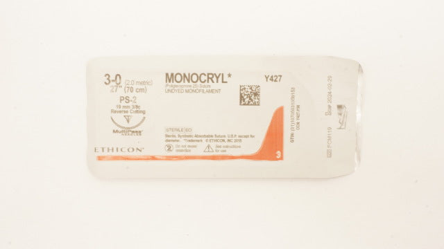 Ethicon Y427 3-0 MONOCRYL Stre PS-2 19mm 3/8c Reverse Cutting, 27inch