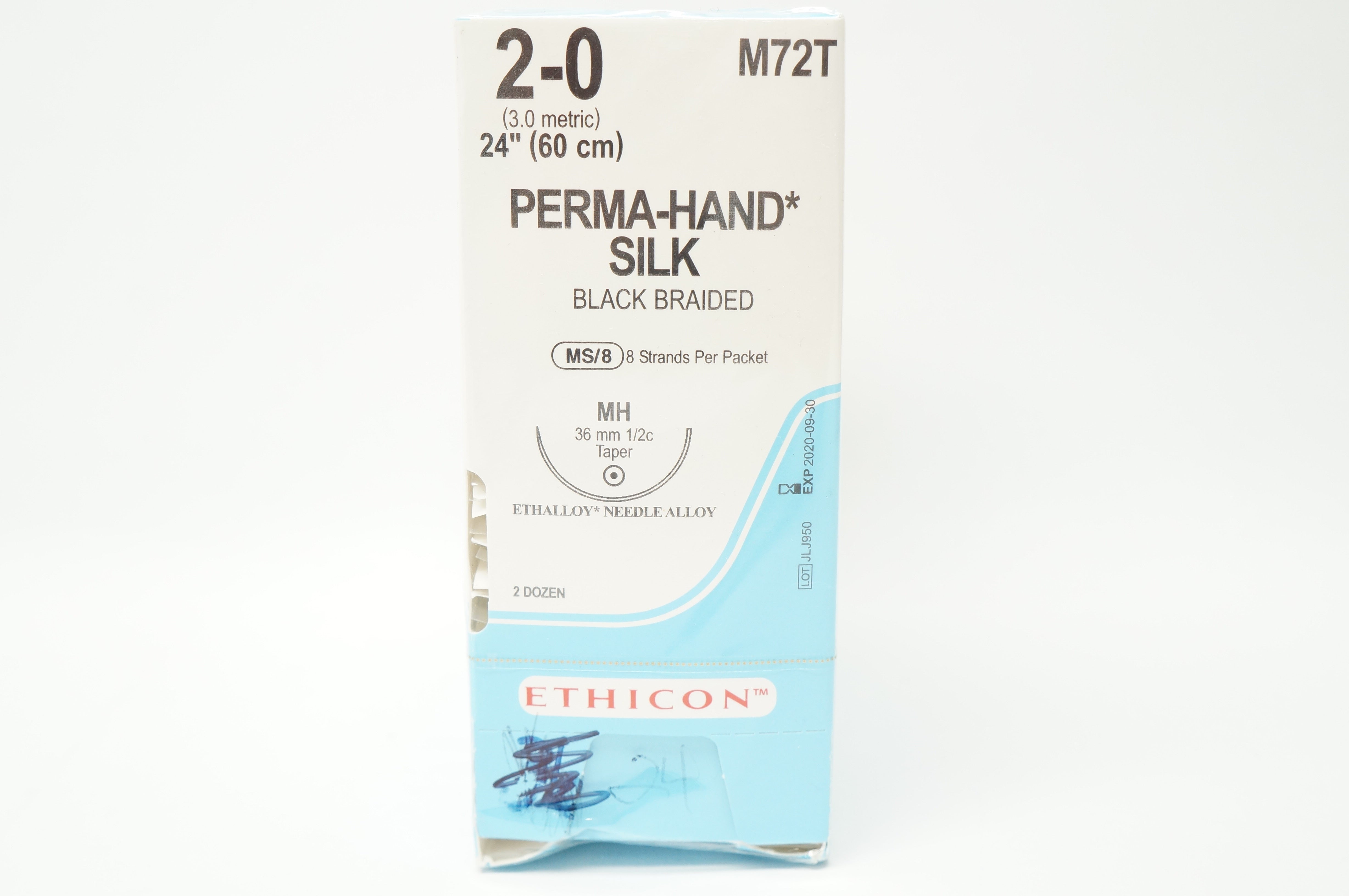 Ethicon M72T 2-0 Perma-Hand Silk Stre MH 36mm 1/2c Taper 24inch (x) - Box of 24