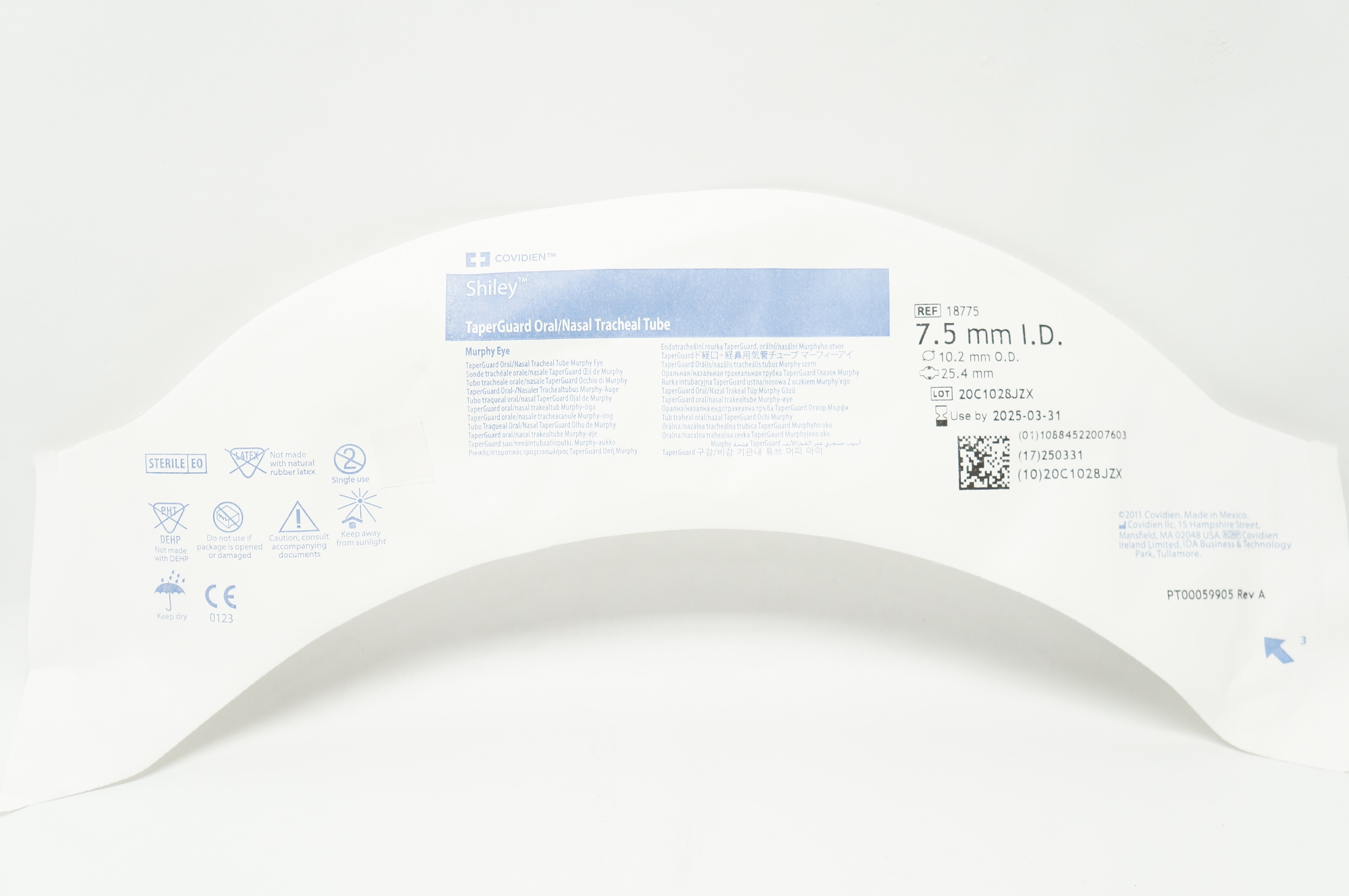 Covidien 18775 Shiley TaperGuard Oral/Nasal Tracheal Tube 7.5mm ID, 10.2mm OD