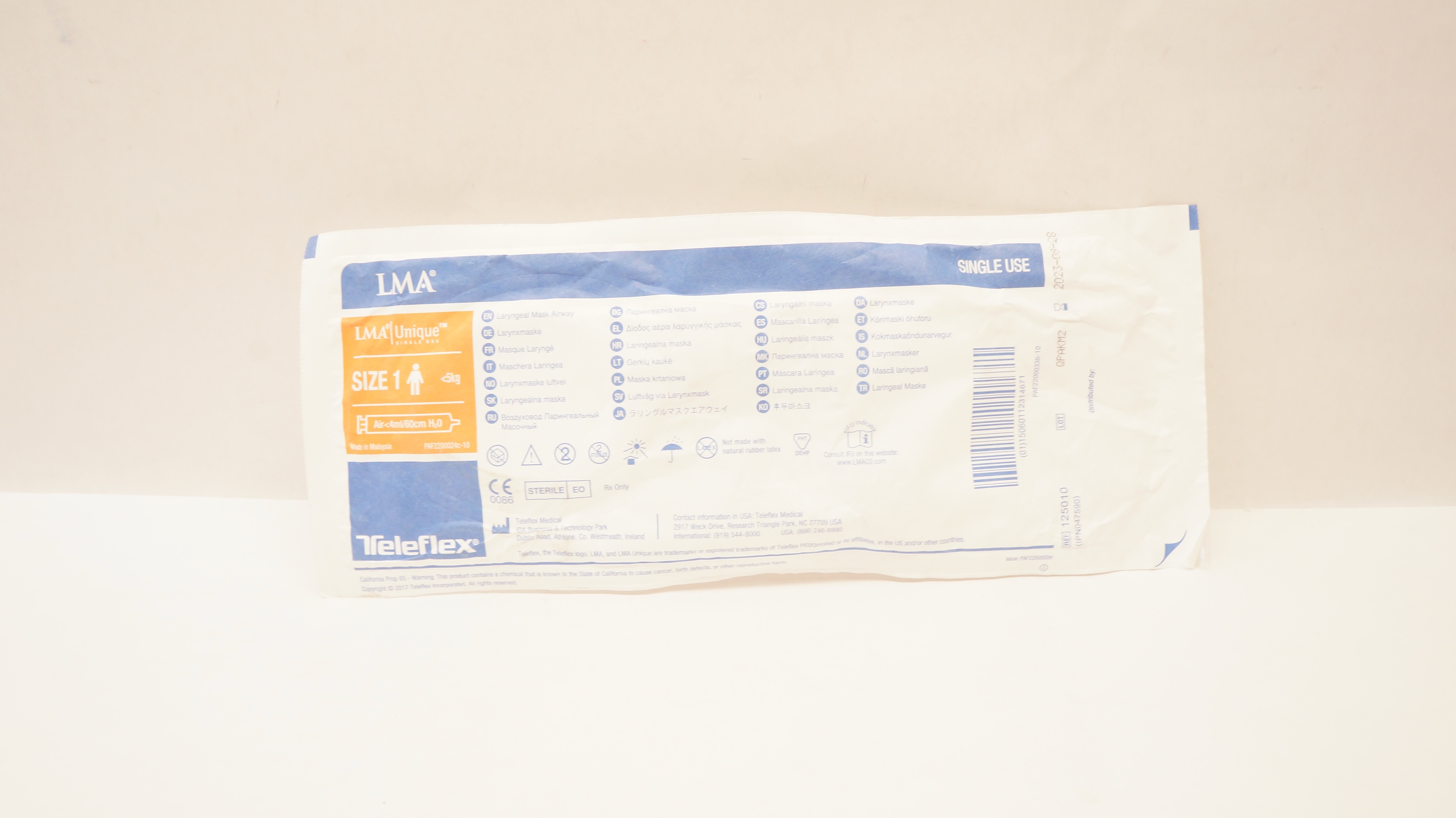 Teleflex 125010 LMA Unique Laryngeal Mask Airway, Size1 <5kg Air<4ml/60cm H2O(x)