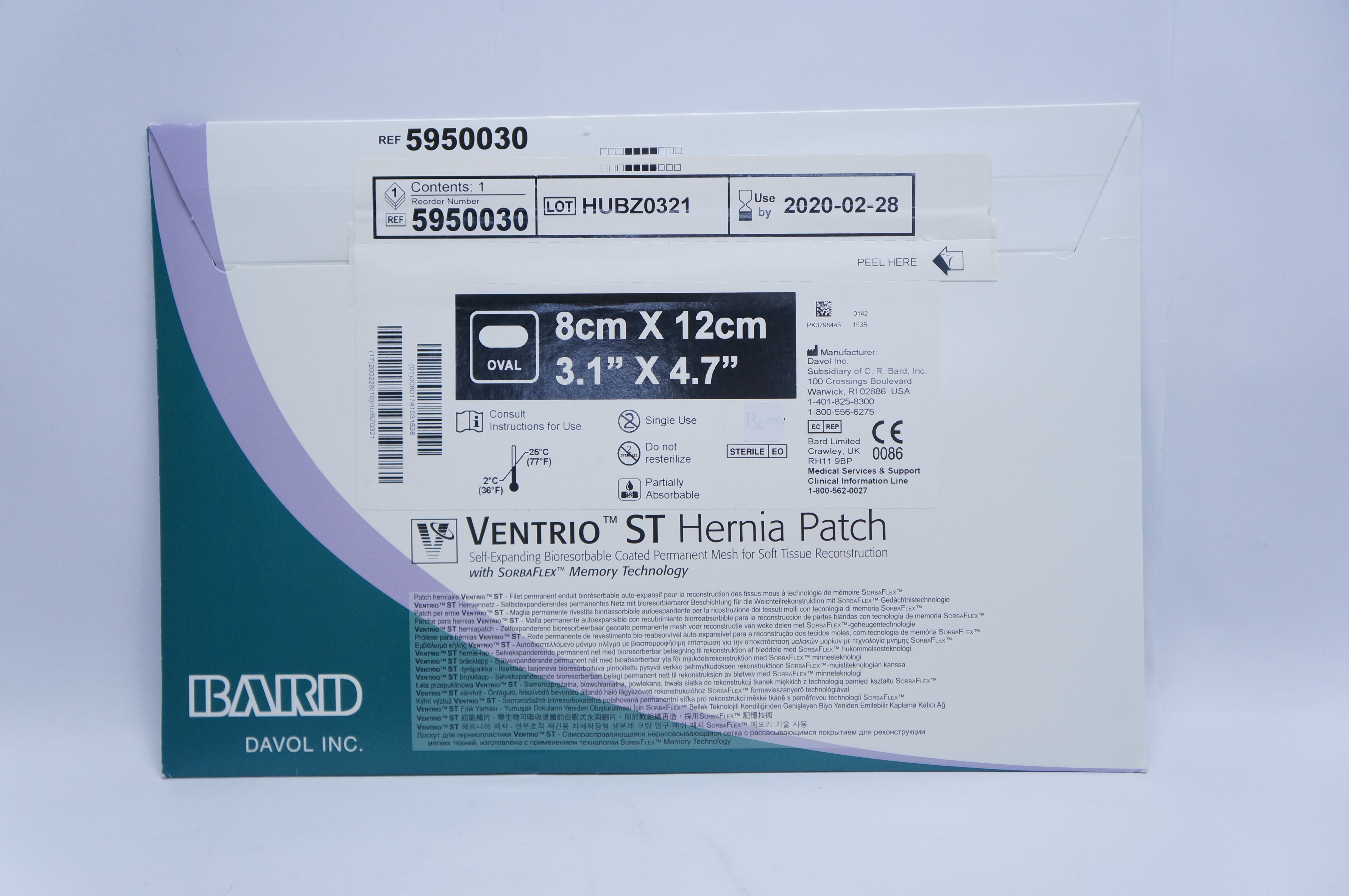 Bard 5950030 Davol Ventrio ST Hernia Patch 8 x 12cm (x)