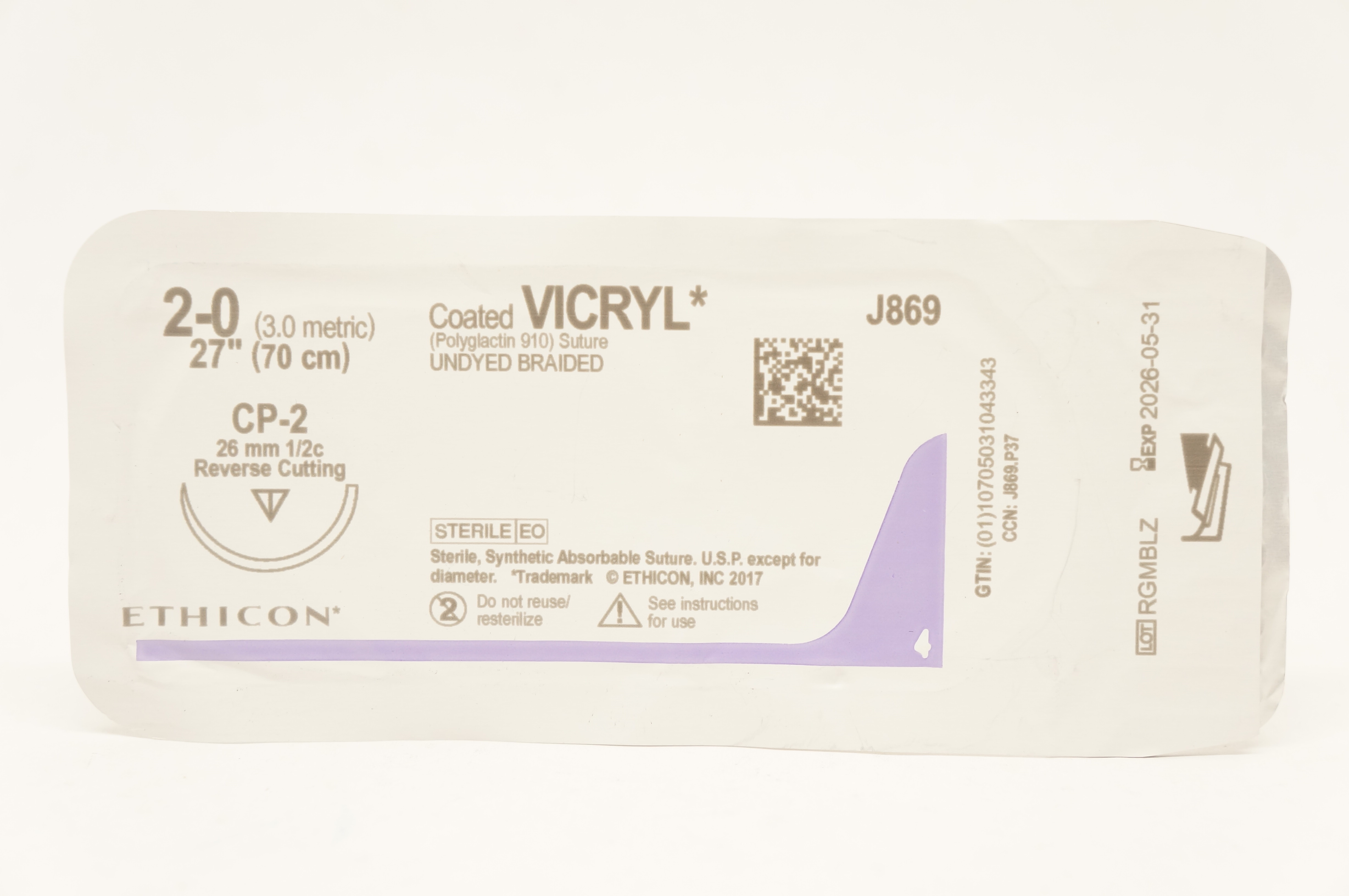 Ethicon J869 2-0 Coated Vicryl Polyglactin 910 Stre CP-2 26mm 1/2c 27in.
