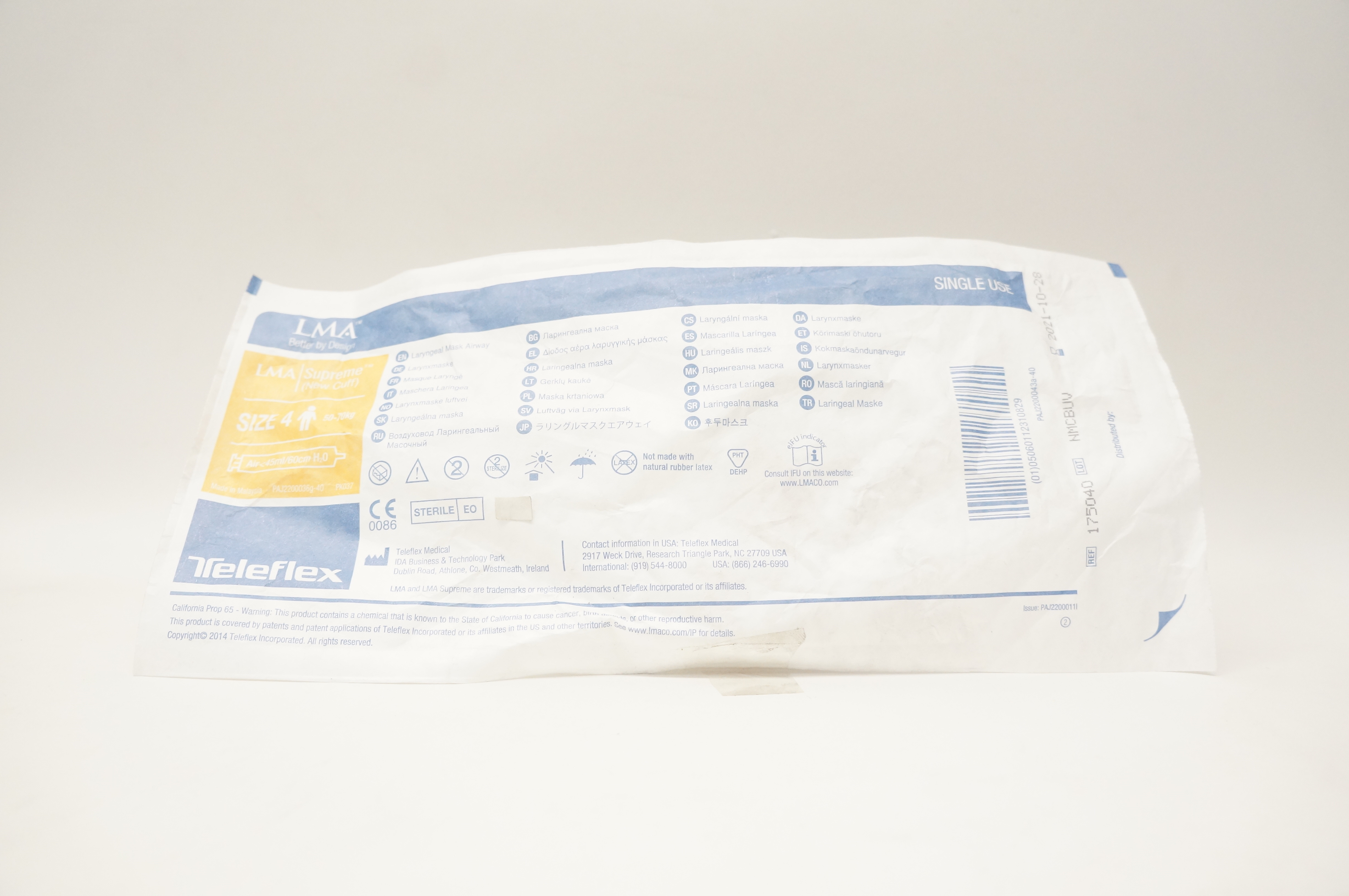 Teleflex 175040 LMA Supreme (New Cuff) Laryngeal Mask Airway Size 4 50-70kg