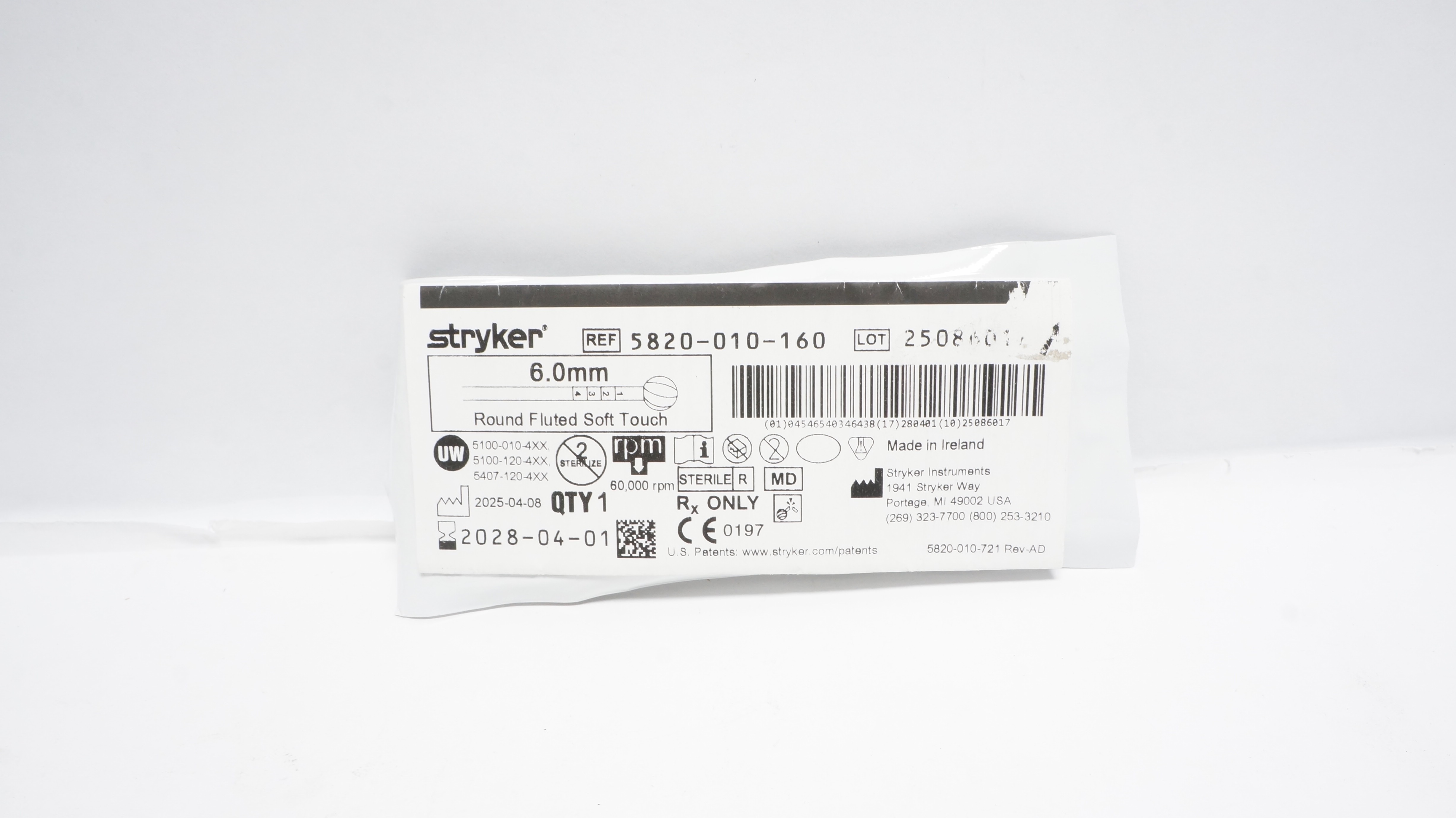 Stryker 5820-010-160 6.0mm Round Fluted Bur Soft Touch