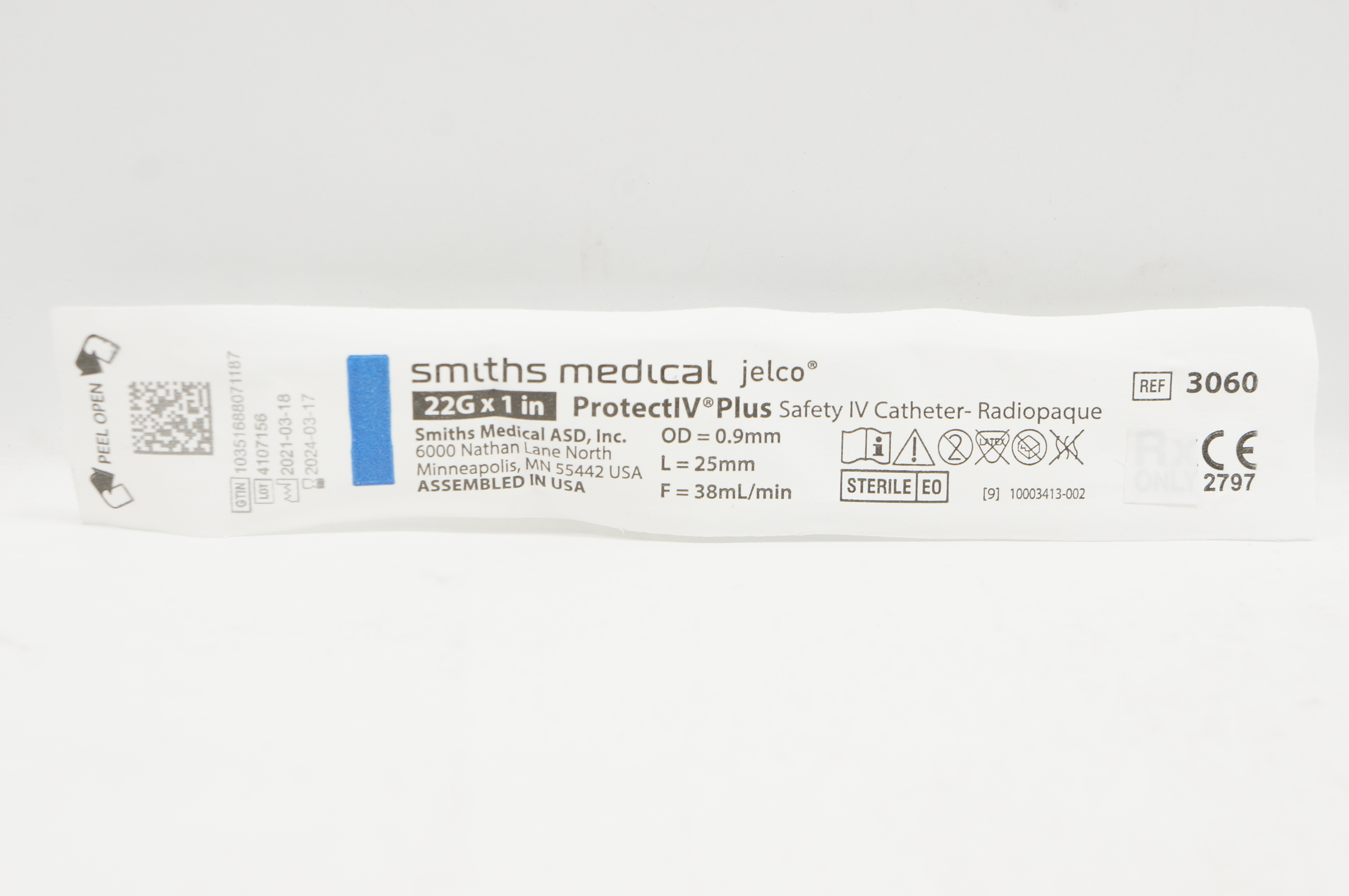 Smiths Medical 3060 Jelco ProtectIV Plus Safety Cath. 22G x 1inch, 38ml/min