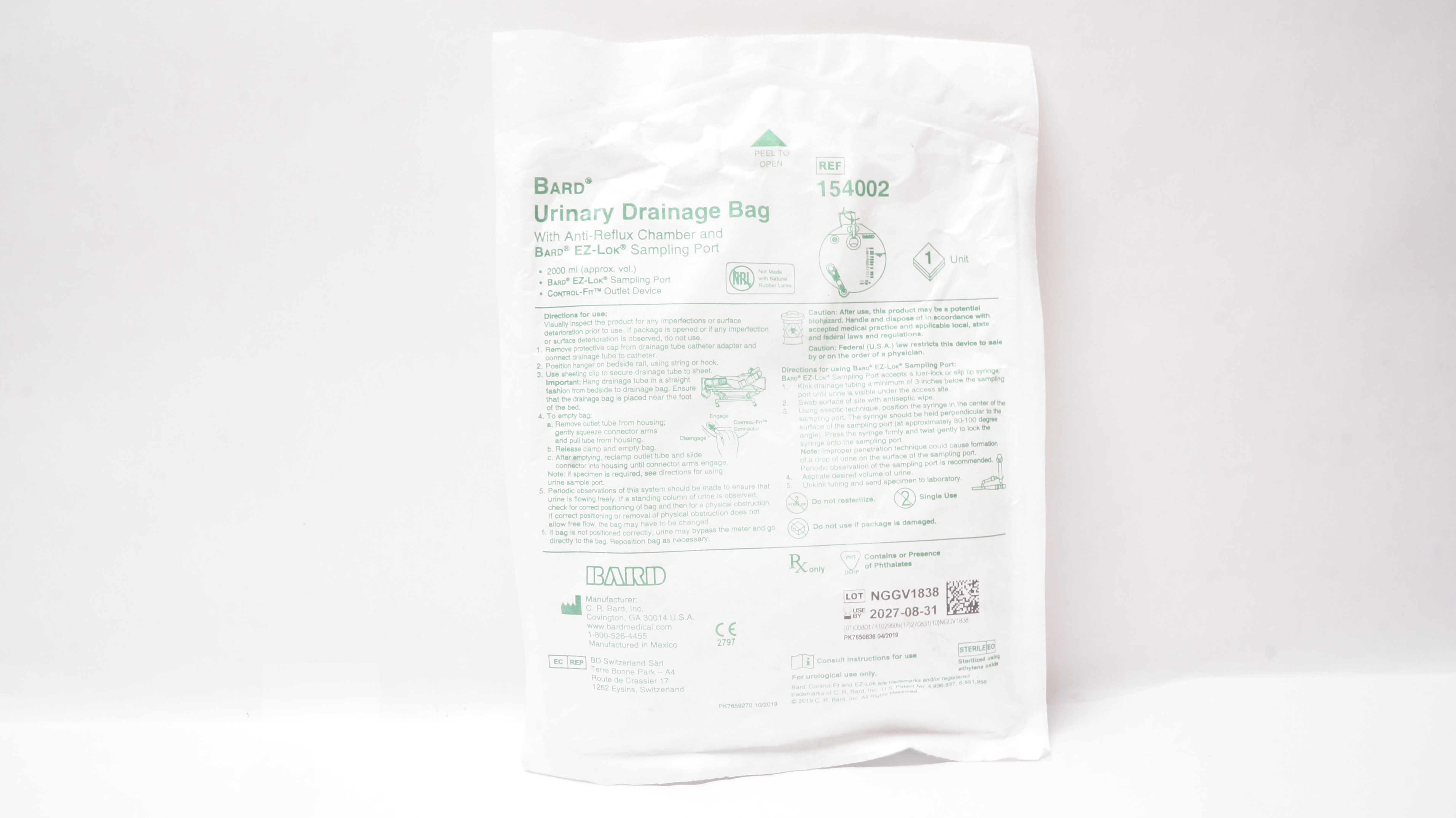 Bard 154002 Urinary Drainage Bag with Anti-Reflux Chamber & Sampling Port 2000ml