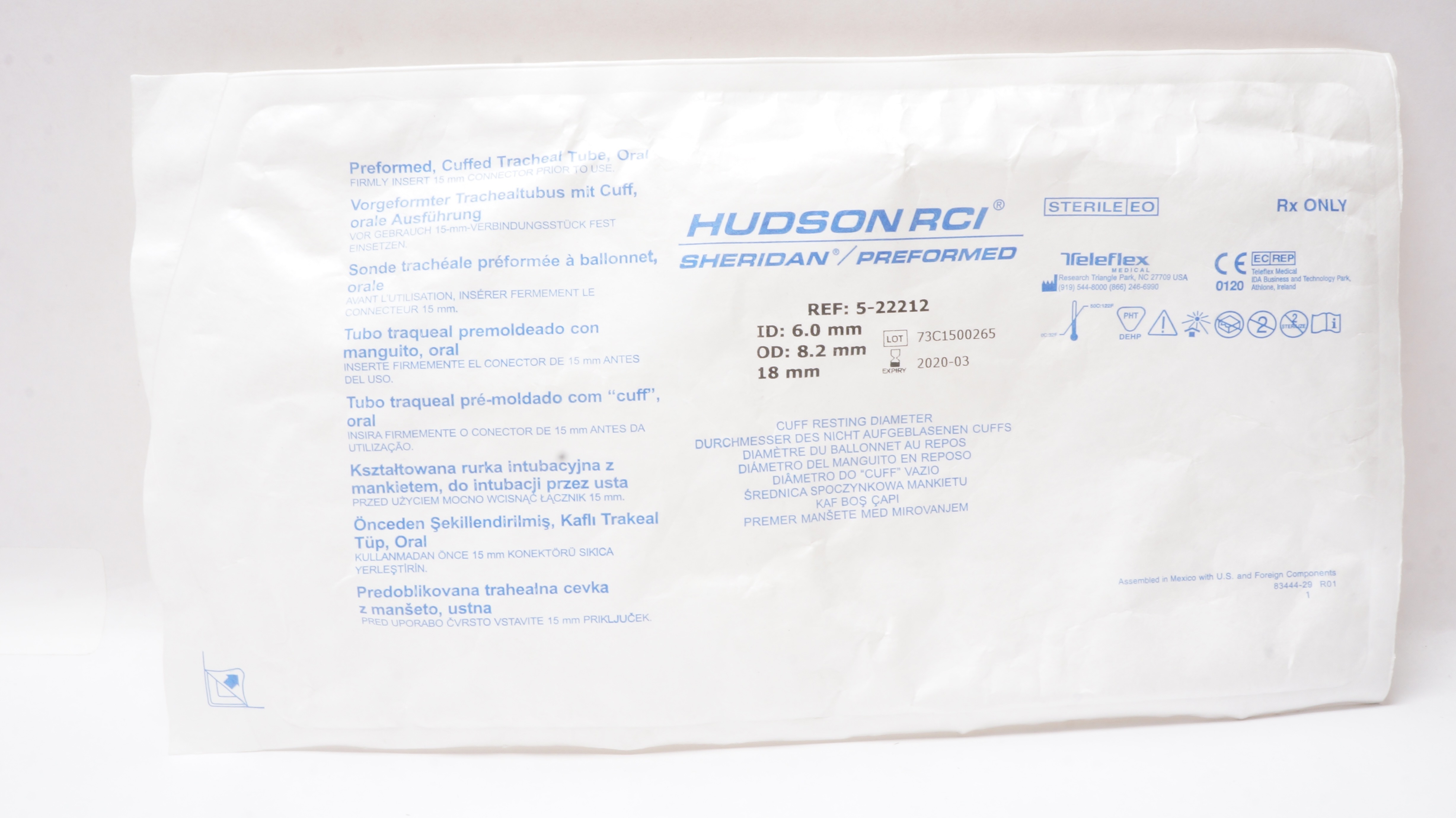 Teleflex 5-22212 Hudson RCI Sheridan Preformed Cuffed Tracheal Tube Oral (x)