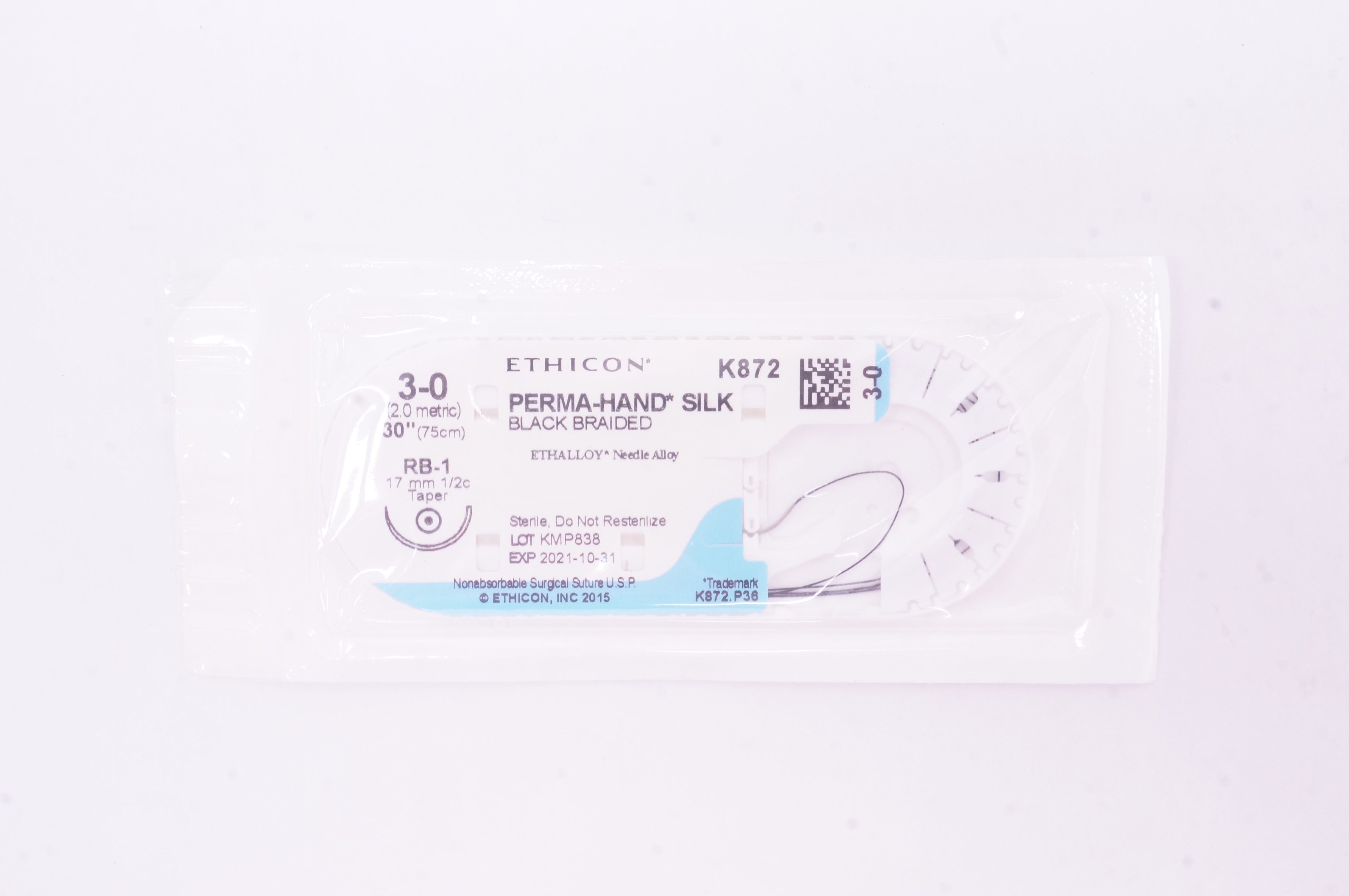 Ethicon K872 3-0 Perma-Hand Silk Stre RB-1 17mm 1/2c Taper 30inch (x)