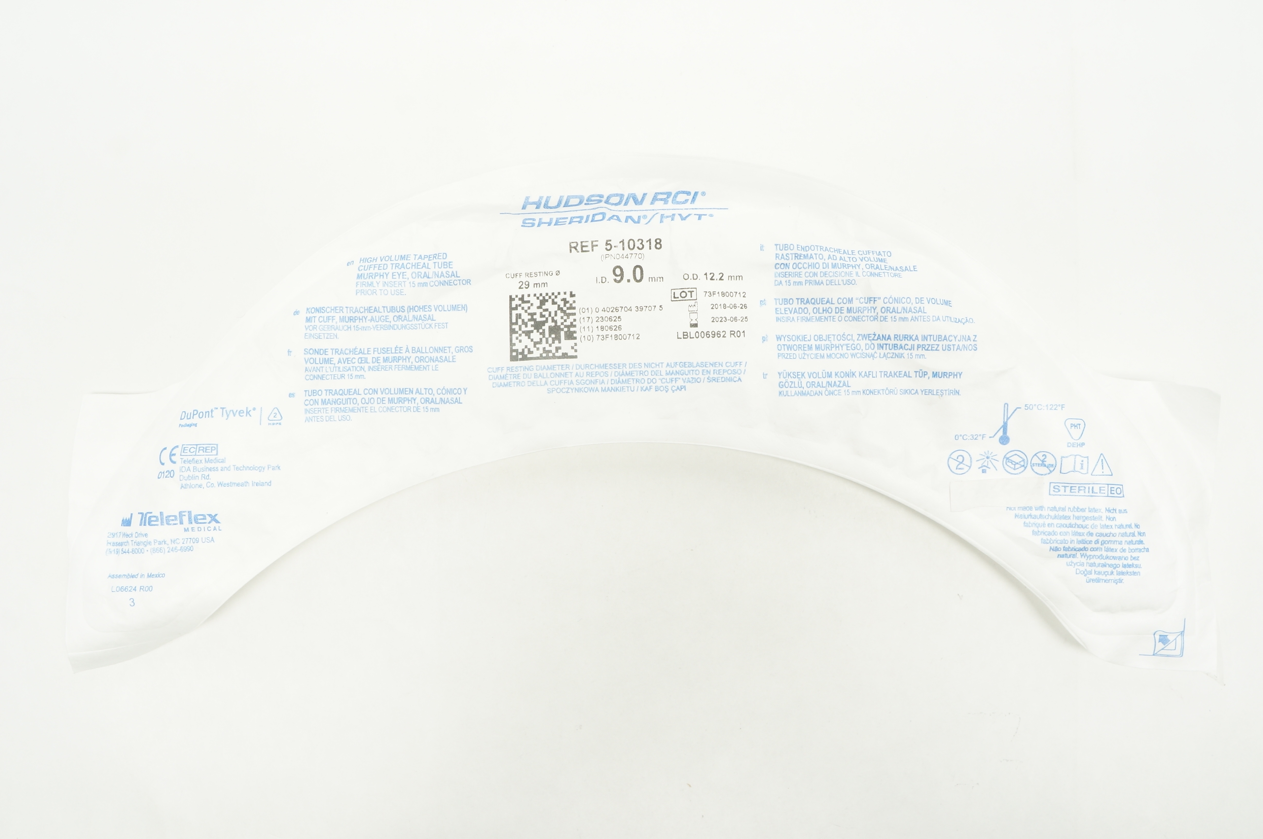 Teleflex 5-10318 Hudson RCI Sheridan Cuffed Tracheal Tube 9.0 x 12.2 x 29mm