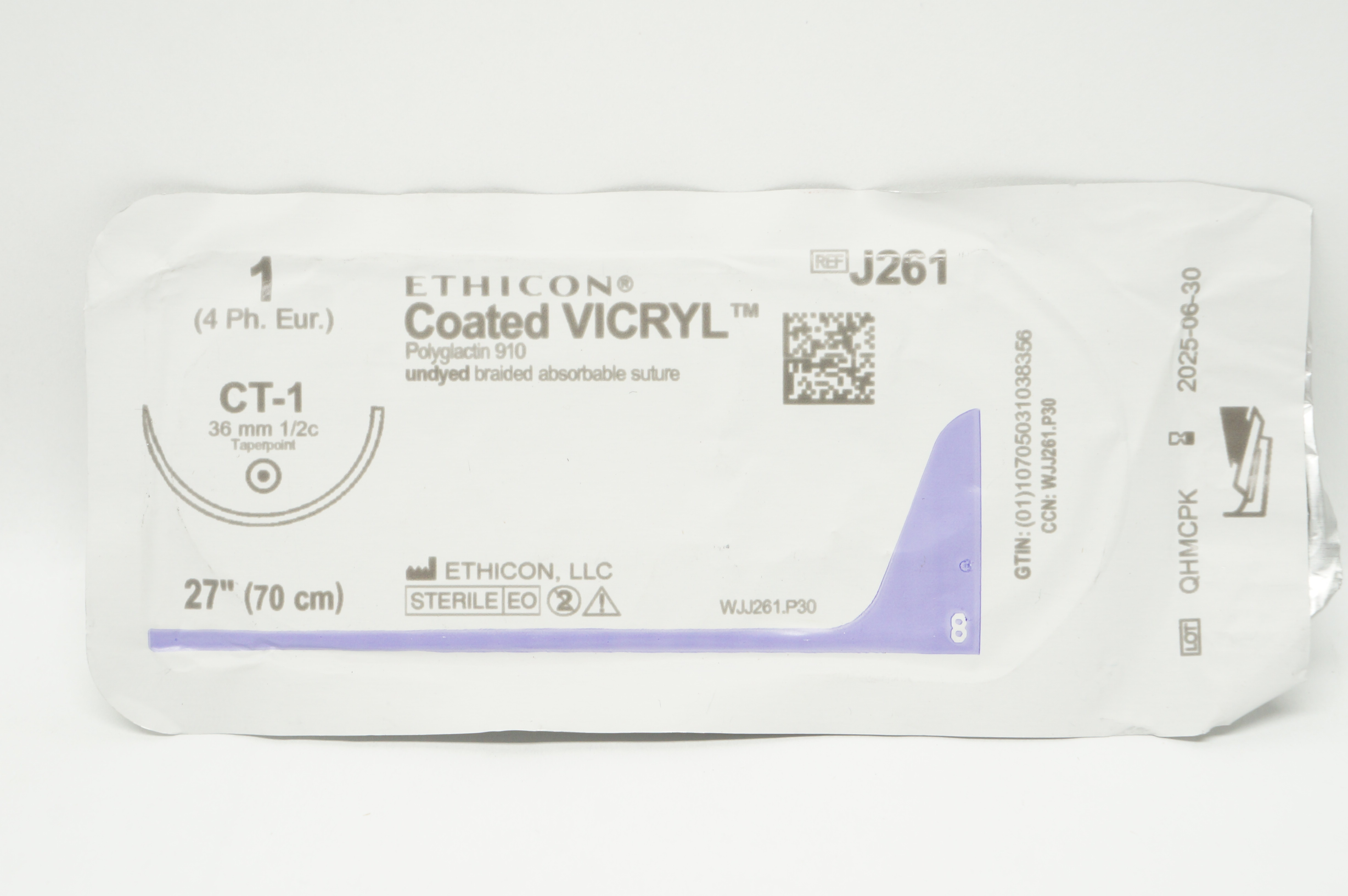 Ethicon J261 1 Coated VICRYL Stre, CT-1 36mm 1/2c Taperpoint, 27inch