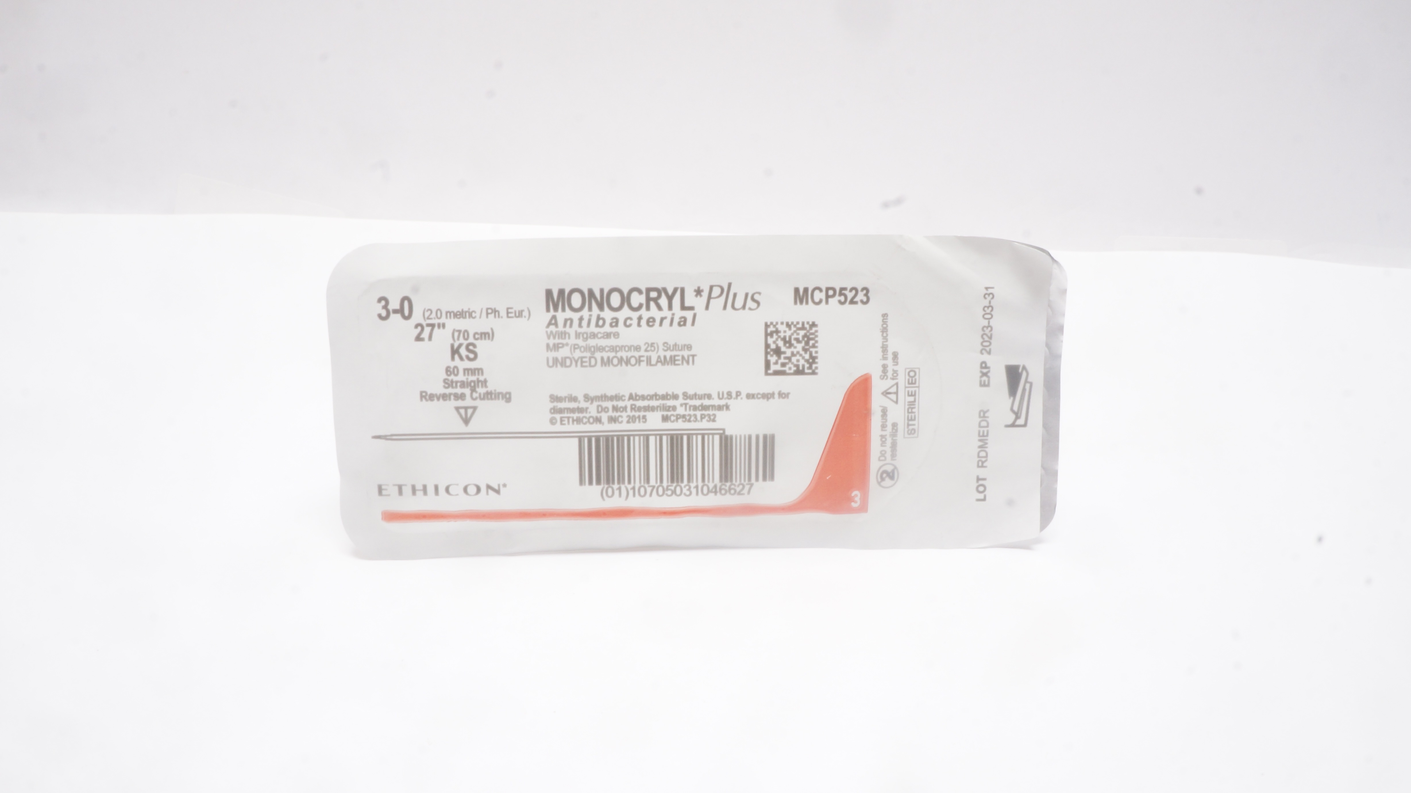 Ethicon MCP523 3-0 MONOCRYL Plus KS 60mm Straight Reverse Cutting, 27inch (x)