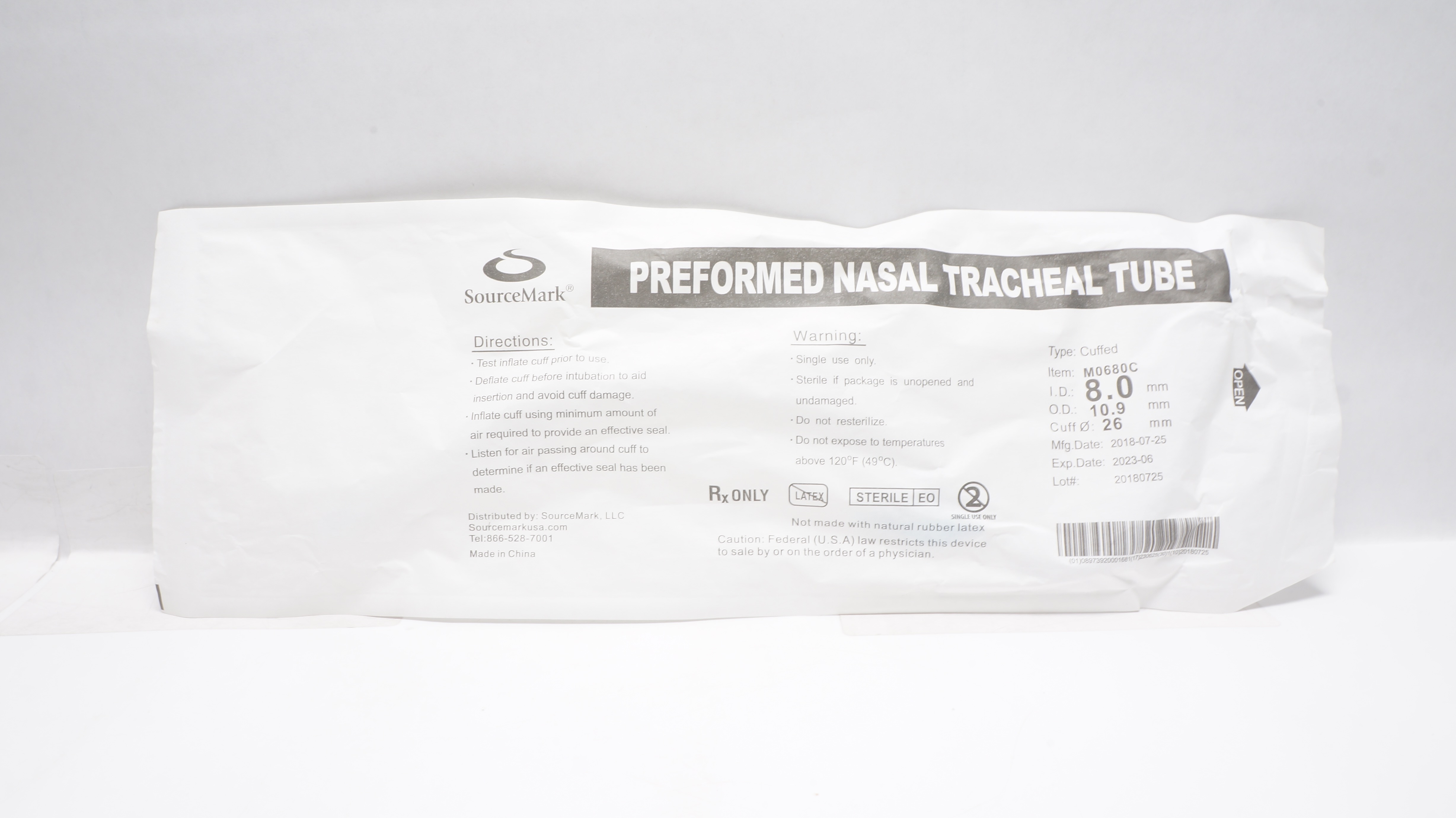 SourceMark M0680C Preformed Nasal Tracheal Tube, Cuffed 8.0mm ID x 10.9mm OD(x)