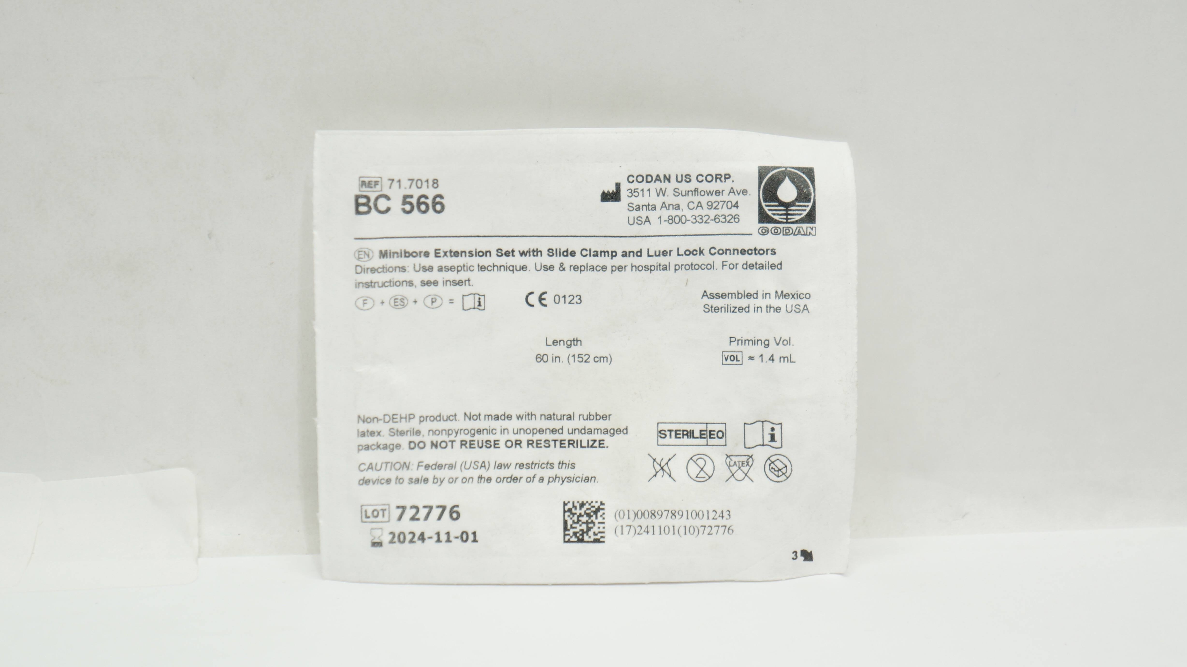 Codan BC 566 71.7018 Mini-Bore Extension Set Prim. Vol. 1.4ml x 60inch