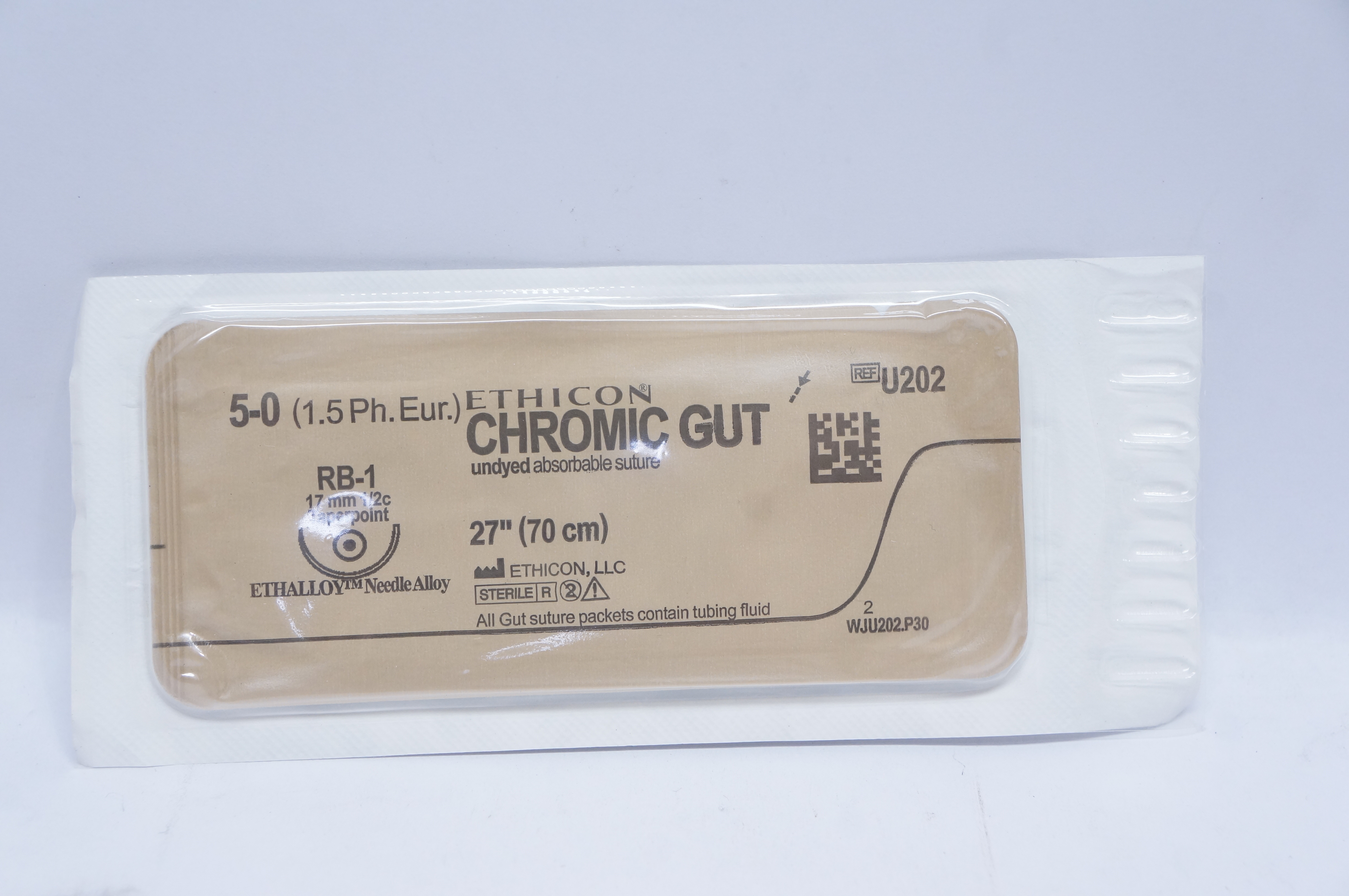 Ethicon U202 5-0 CHROMIC GUT, RB-1, 17mm 1/2c Taperpoint, 27inch