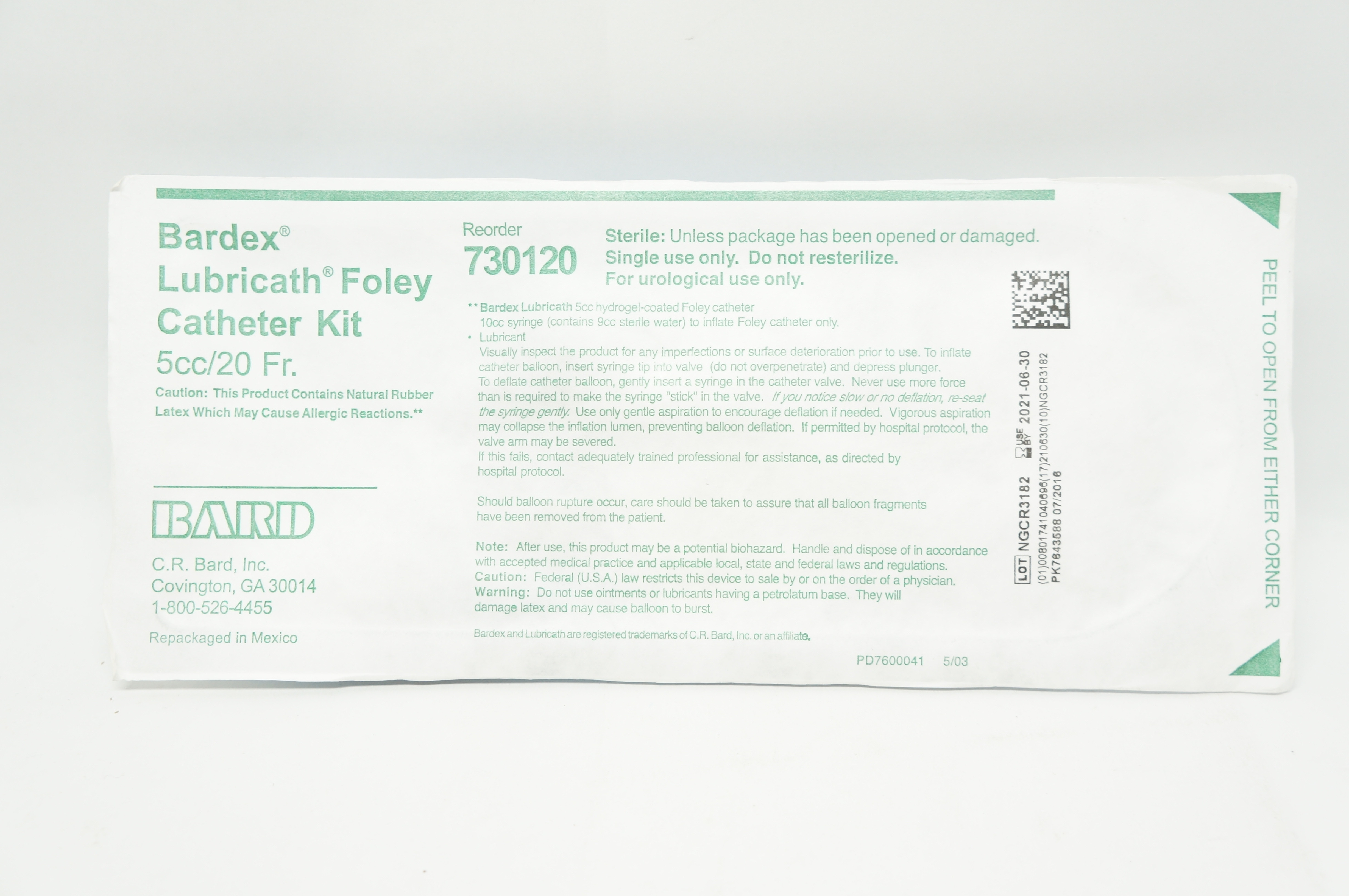 Bard 730120 Bardex Lubricath Foley Cath. Kit 20Fr /5cc (x)