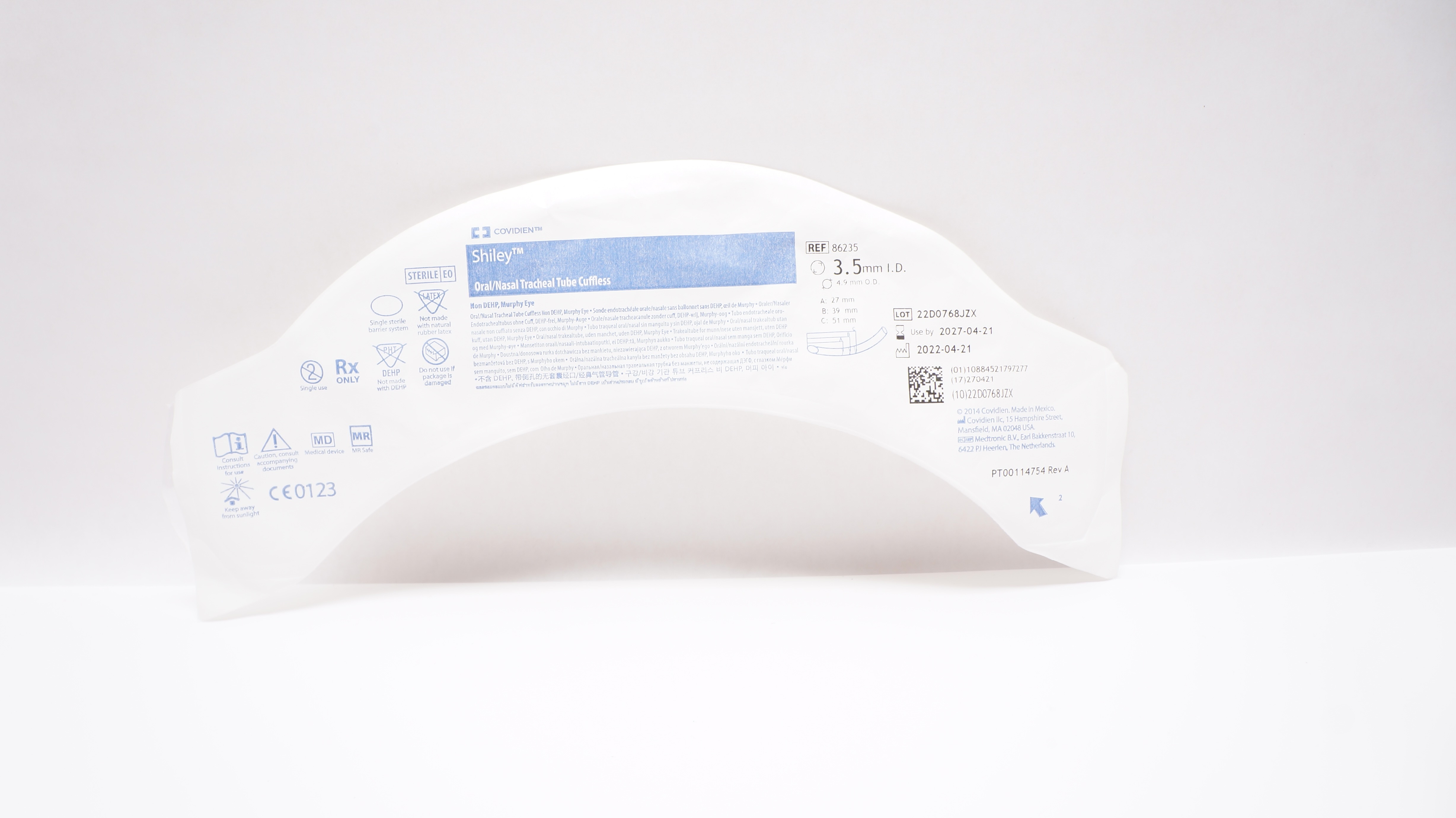 Covidien 86235 Shiley Oral/Nasal Tracheal Tube Cuffless 3.5mm ID x 4.9mm OD