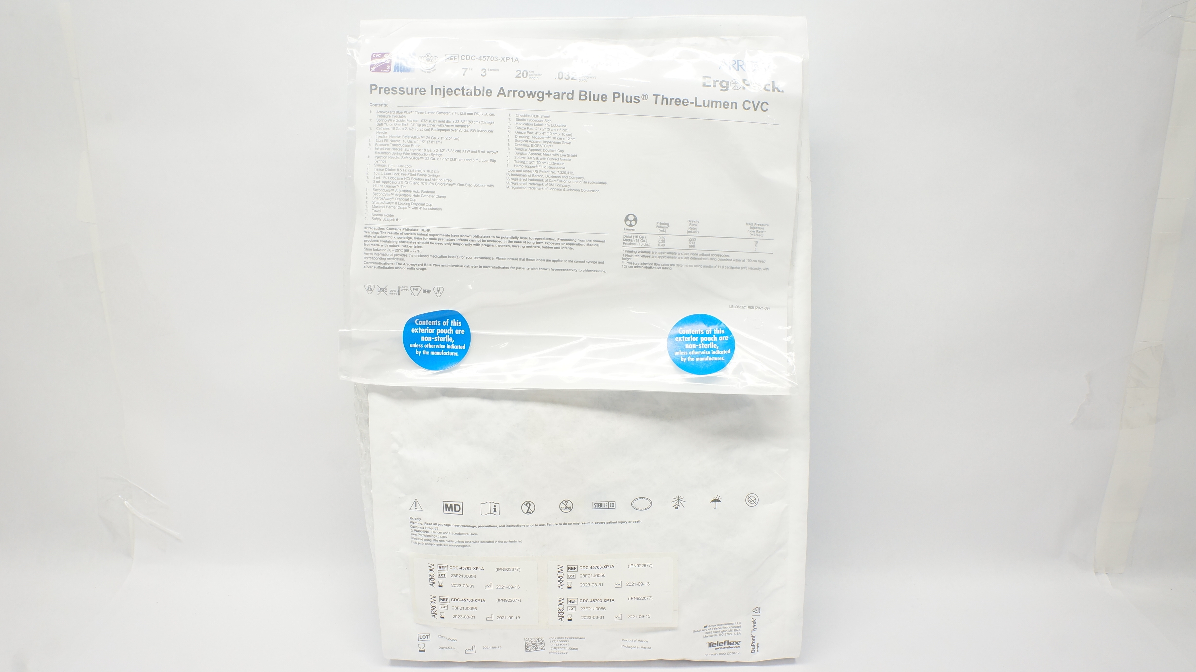 Arrow CDC-45703-XP1A Pressure Injectable Arrowg Three-Lumen Kit 7Fr 20cm 0.032in