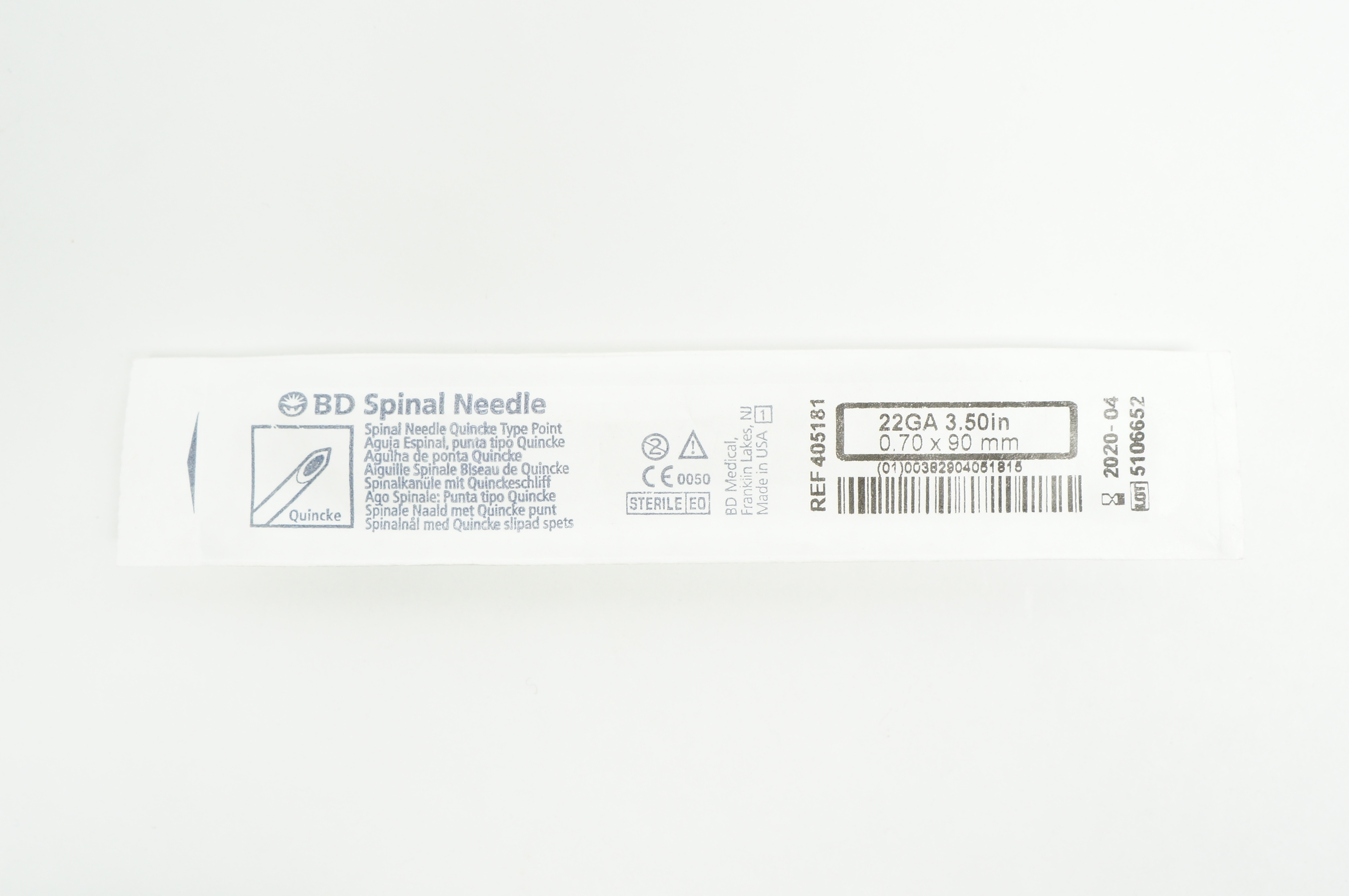 BD 405181 Spinal Ndle, Quincke Type Point, 22GA x 3.50inch (x)