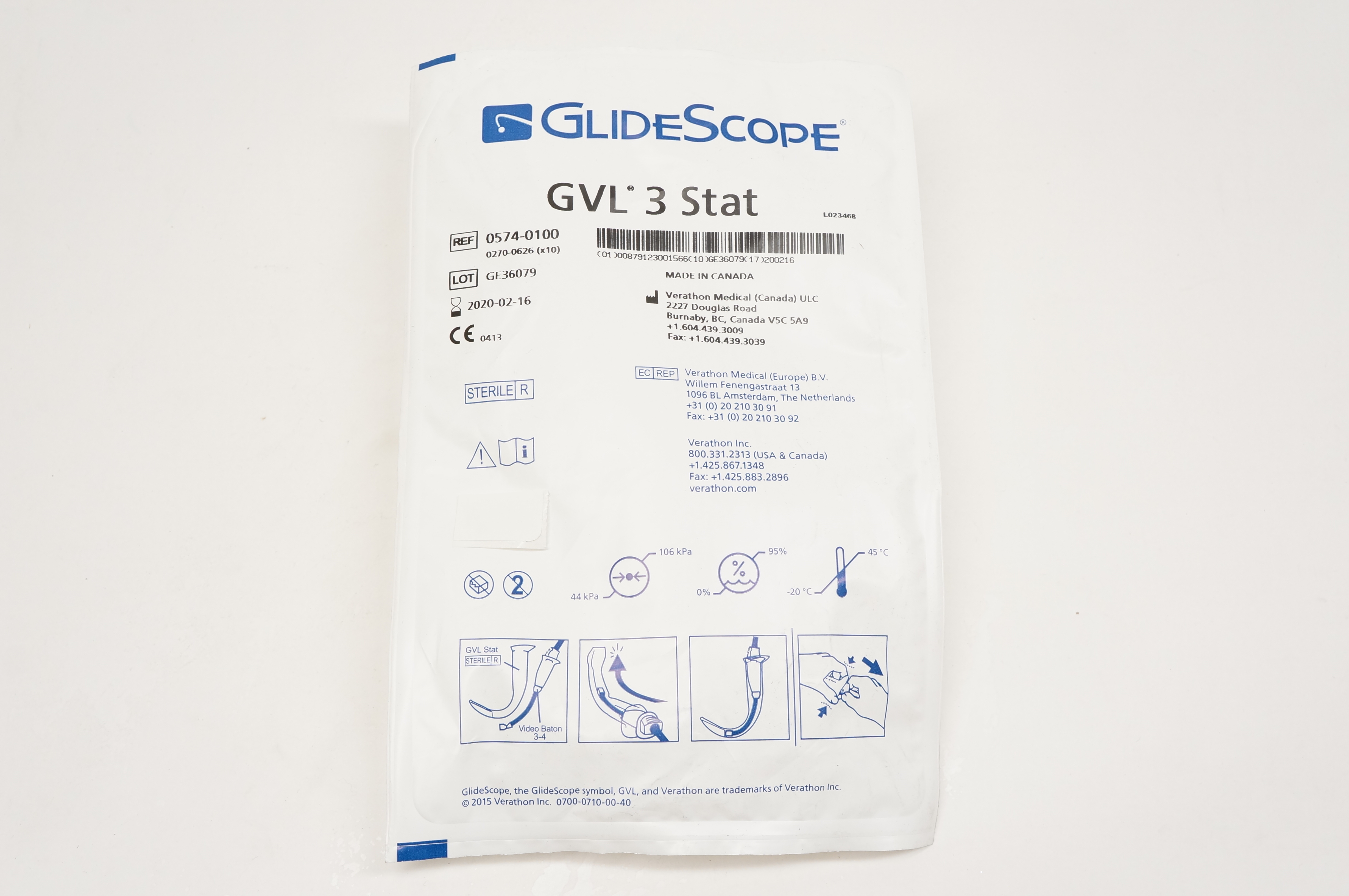 Verathon Medical 0574-0100 Glide Scope GVL 3 Stat (exp)