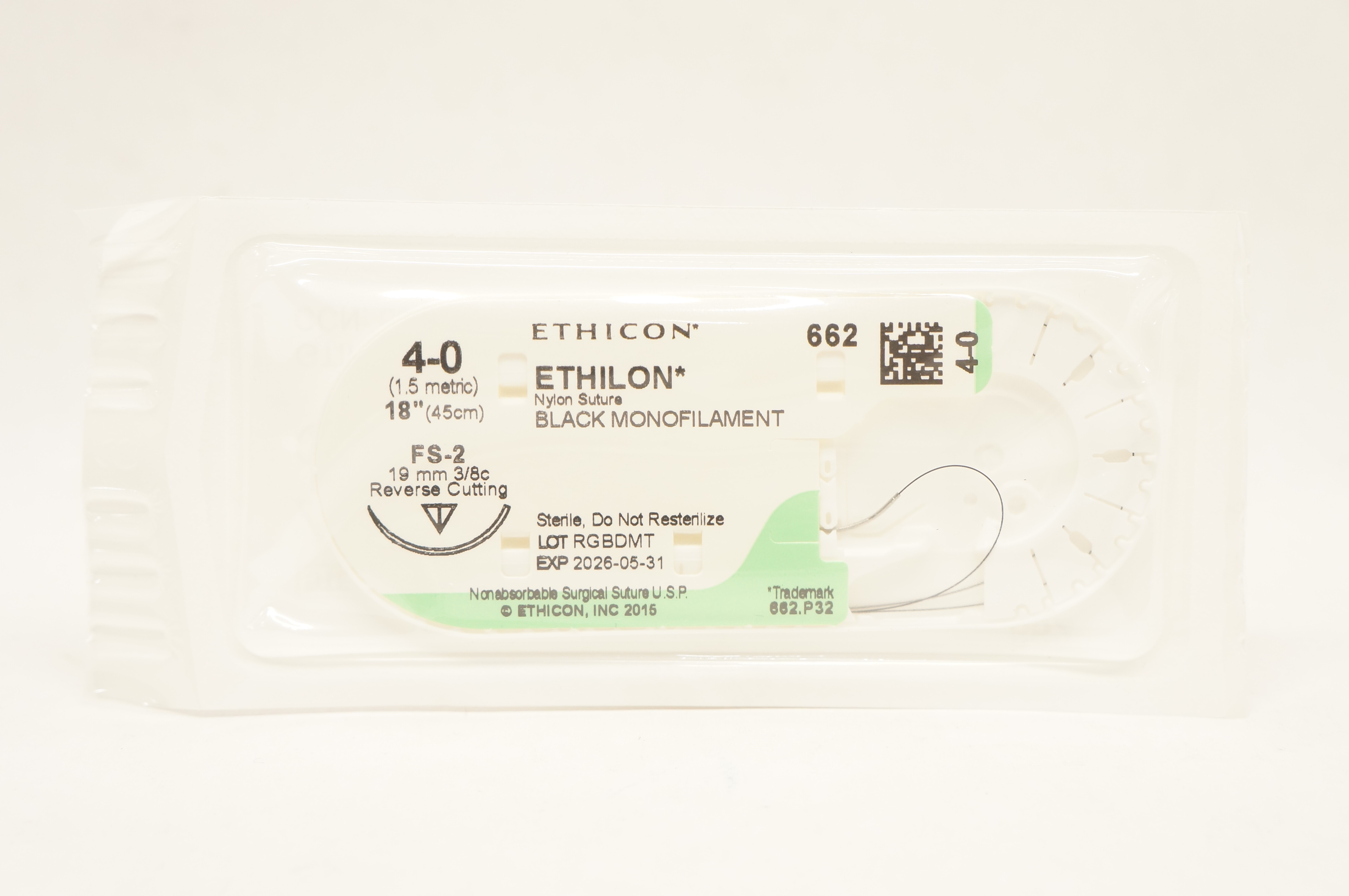 Ethicon 662 4-0 ETHILON Nylon Stre FS-2 19mm 3/8c Reverse Cutting, 18inch