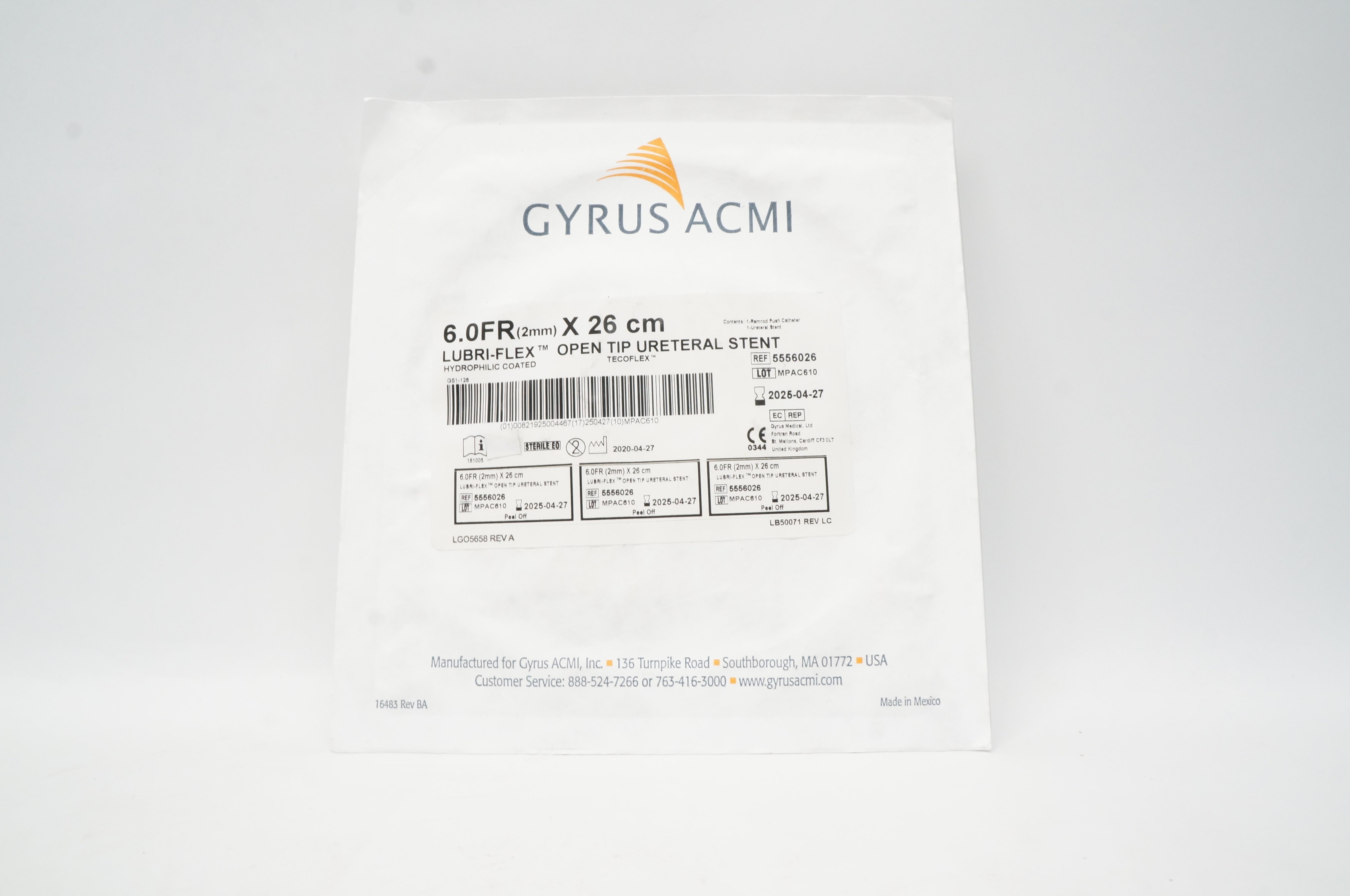 Gyrus ACMI 5556026 Lubri-Flex Open Tip Ureteral Stnt 6Fr x 26cm