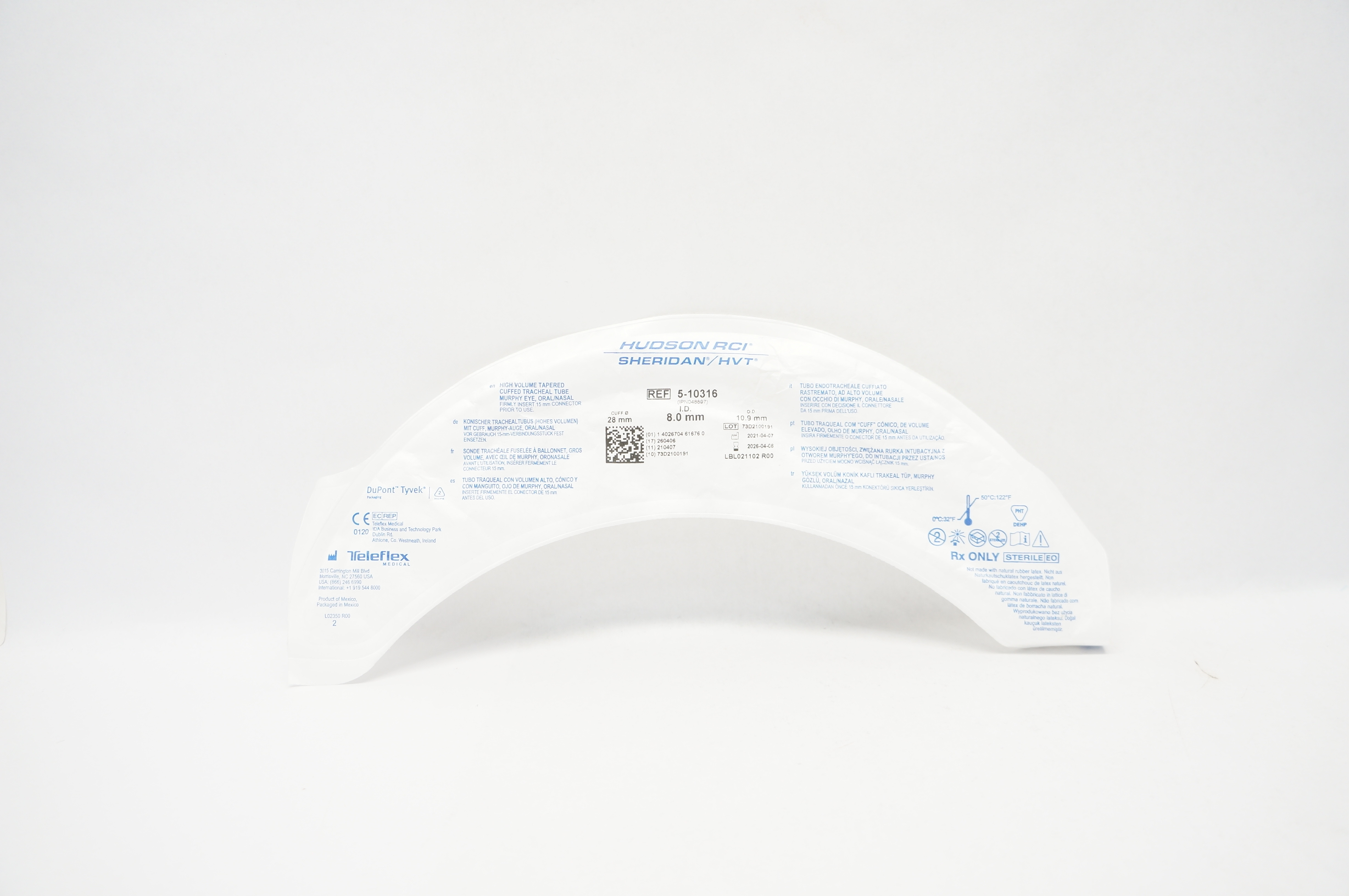 Teleflex 5-10316 Hudson RCI Sheridan HVT Cuffed Tracheal Tube 8.0 x 10.9 x 28mm