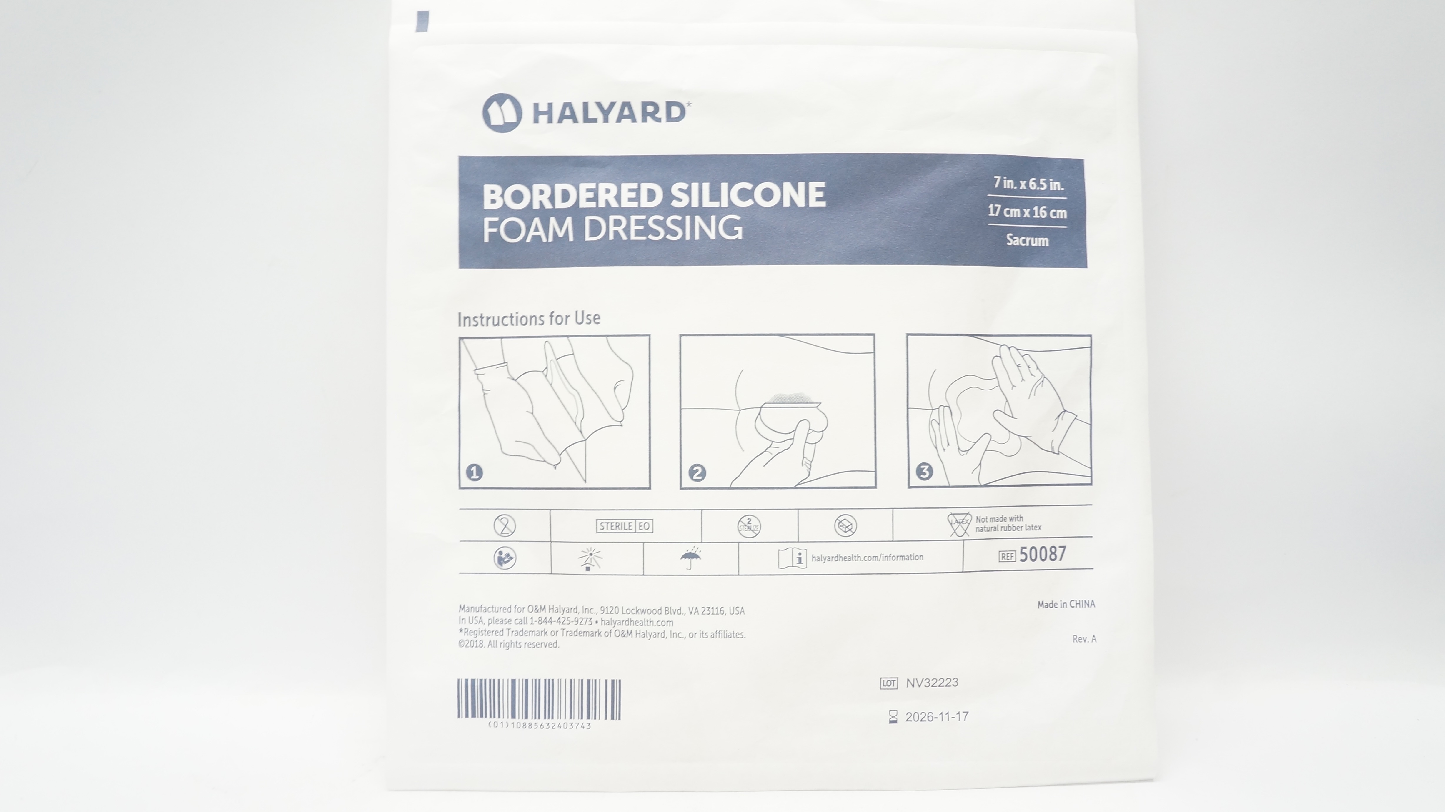 Halyard 50087 Bordered Silicone Foam Dressing, 7 inch x 6.5 inch