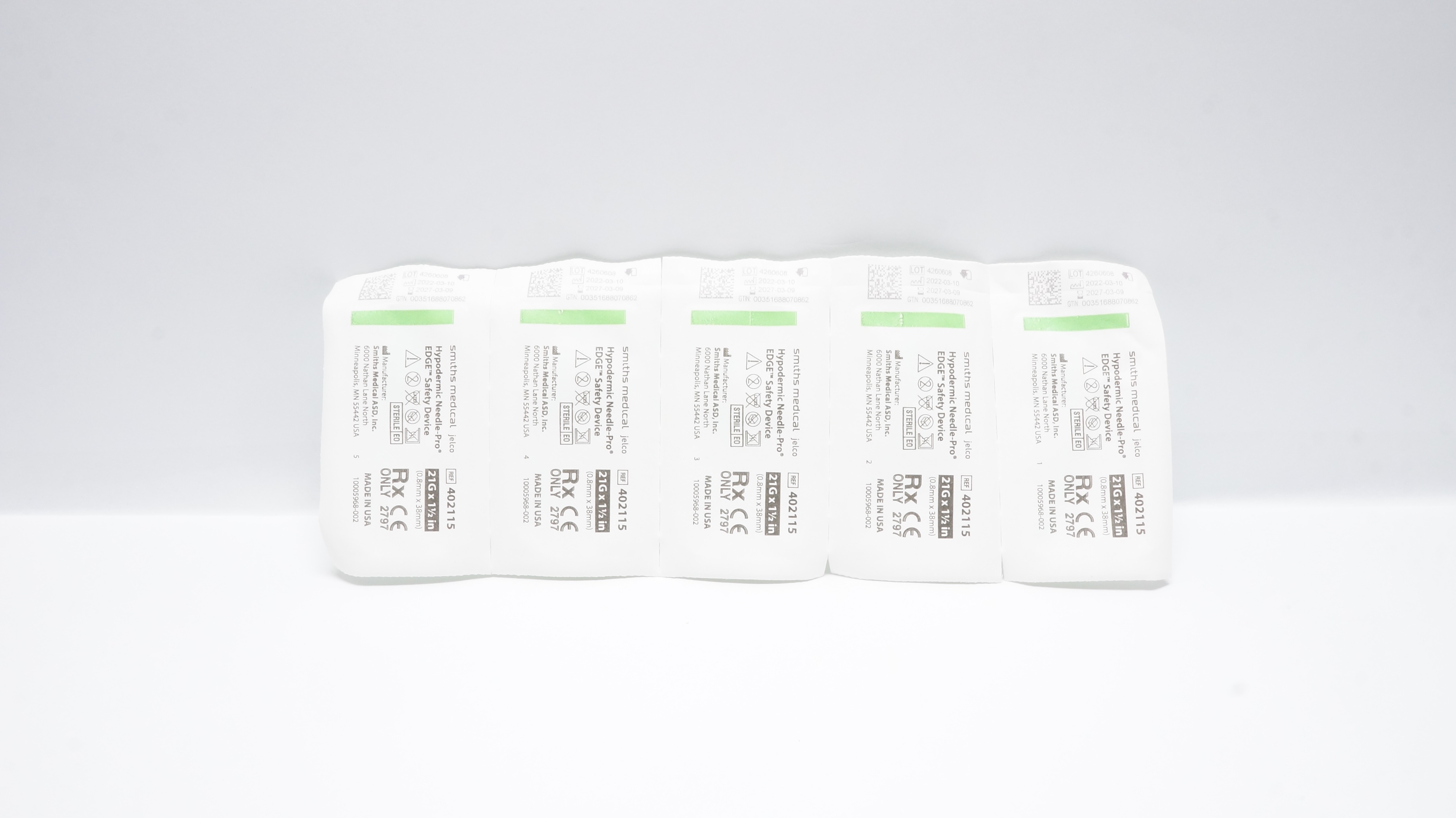 Smiths Medical 402115 Hypodermic Ndle-Pro Safety Device 21G x 1-1/2in-Lot of 5