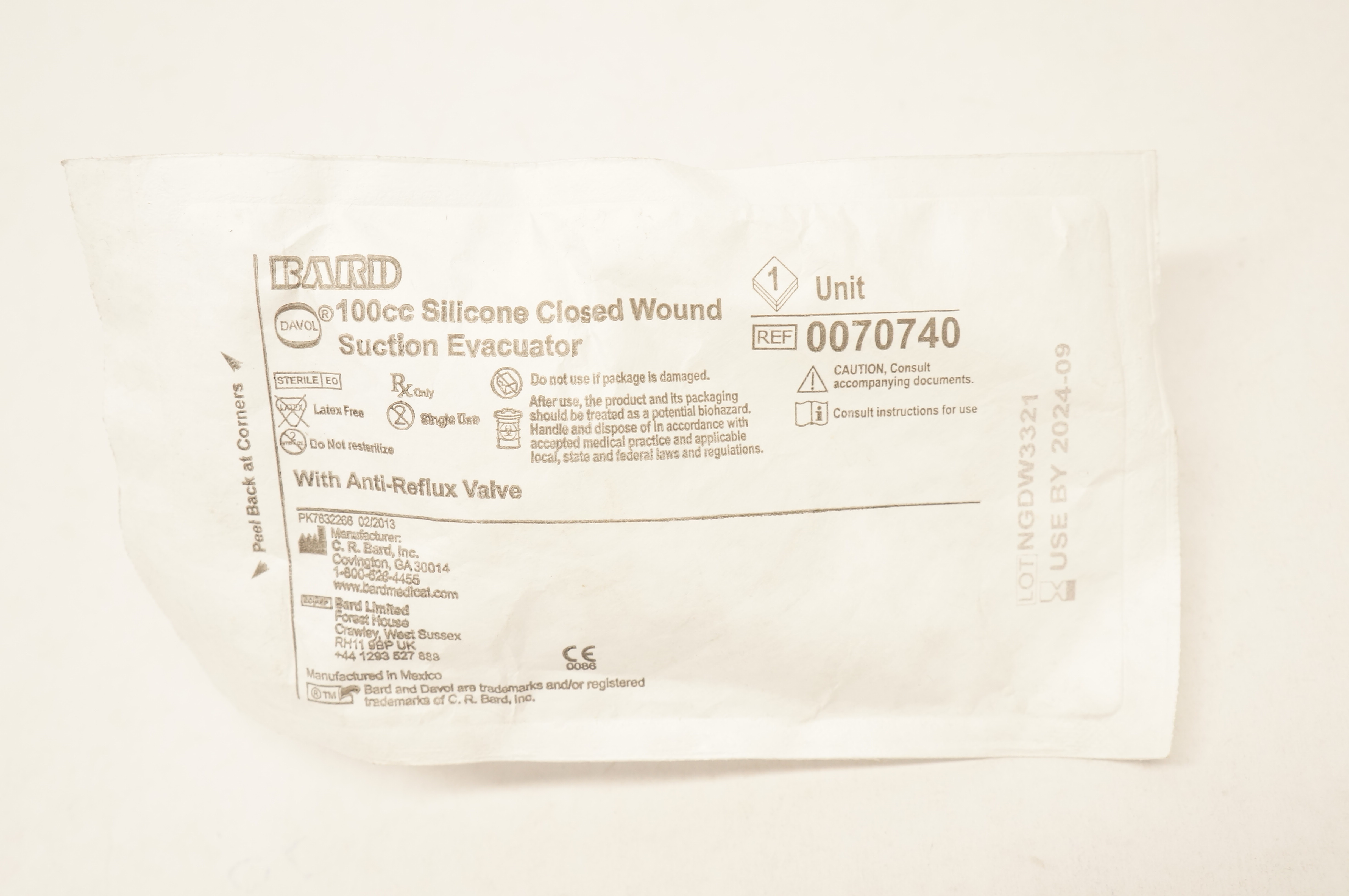 Bard 0070740 Davol 100cc Silicone Closed Wound Suction Evacuator