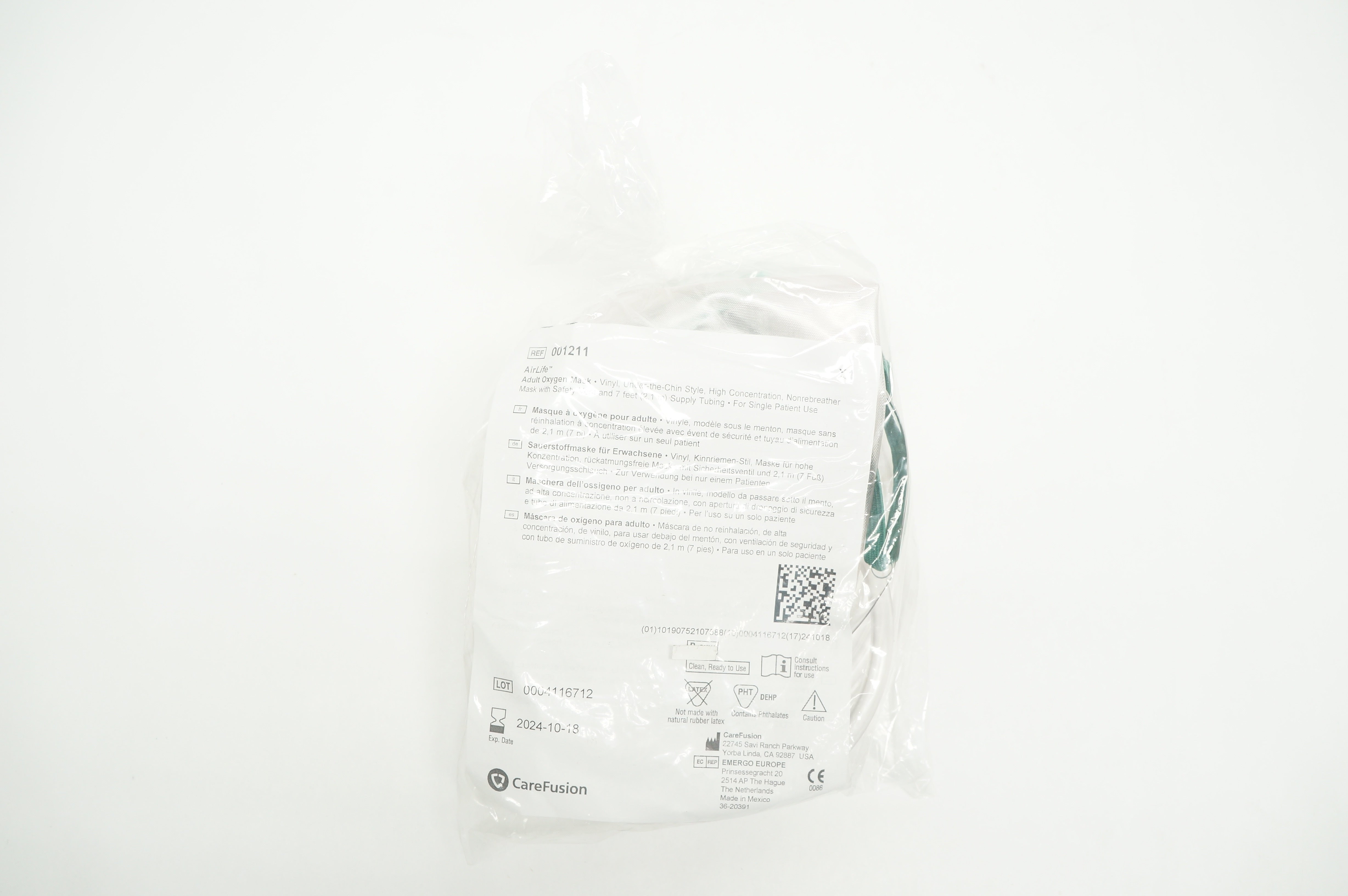 CareFusion 001211 AirLife Adult Oxygen Mask w/Safety Vent & 7ft. Supply Tubing