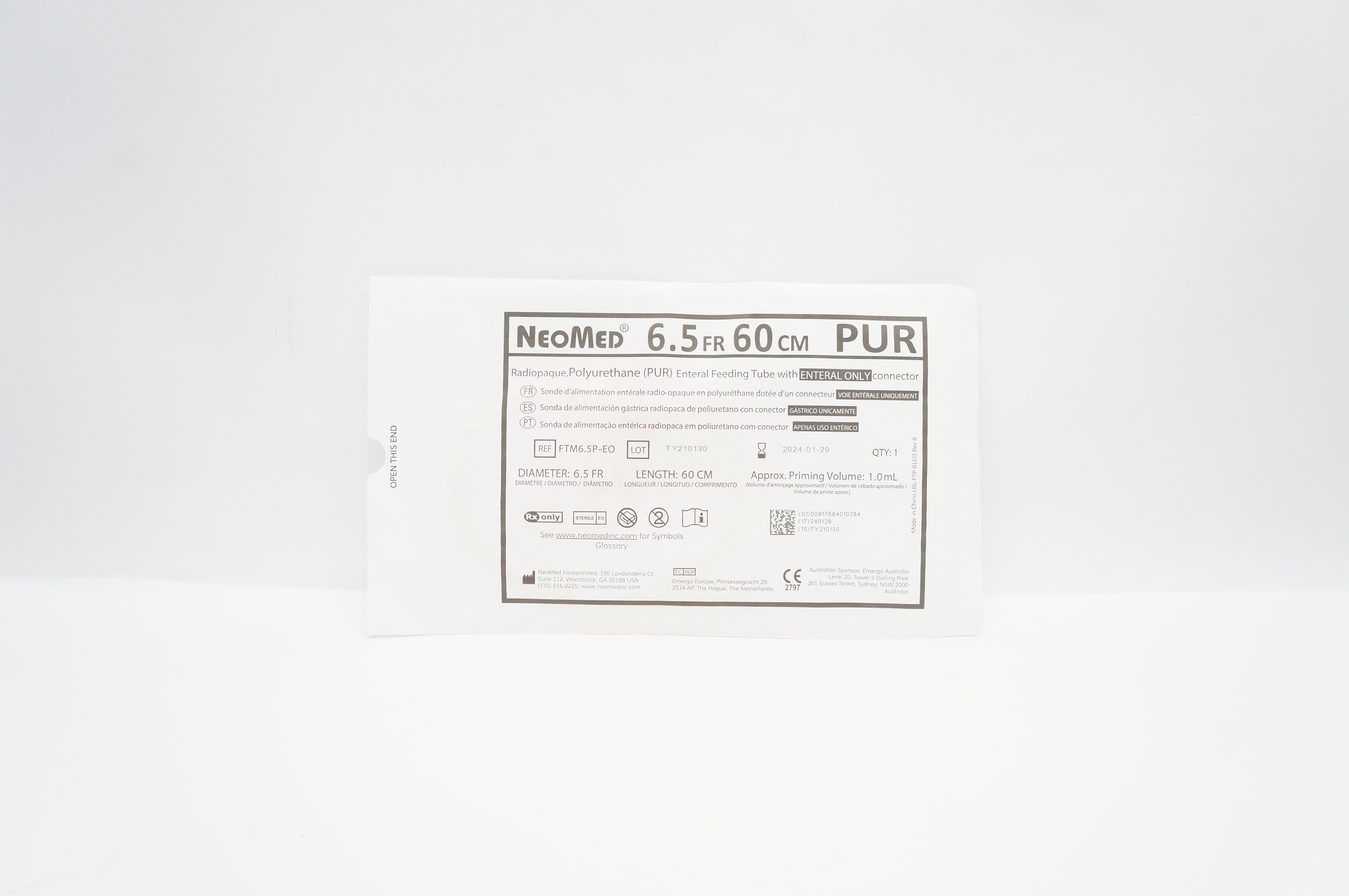 NeoMed FTM6.5P-EO  Polyurethane Enteral Feeding Tube Pediatric 6.5F x  60cm