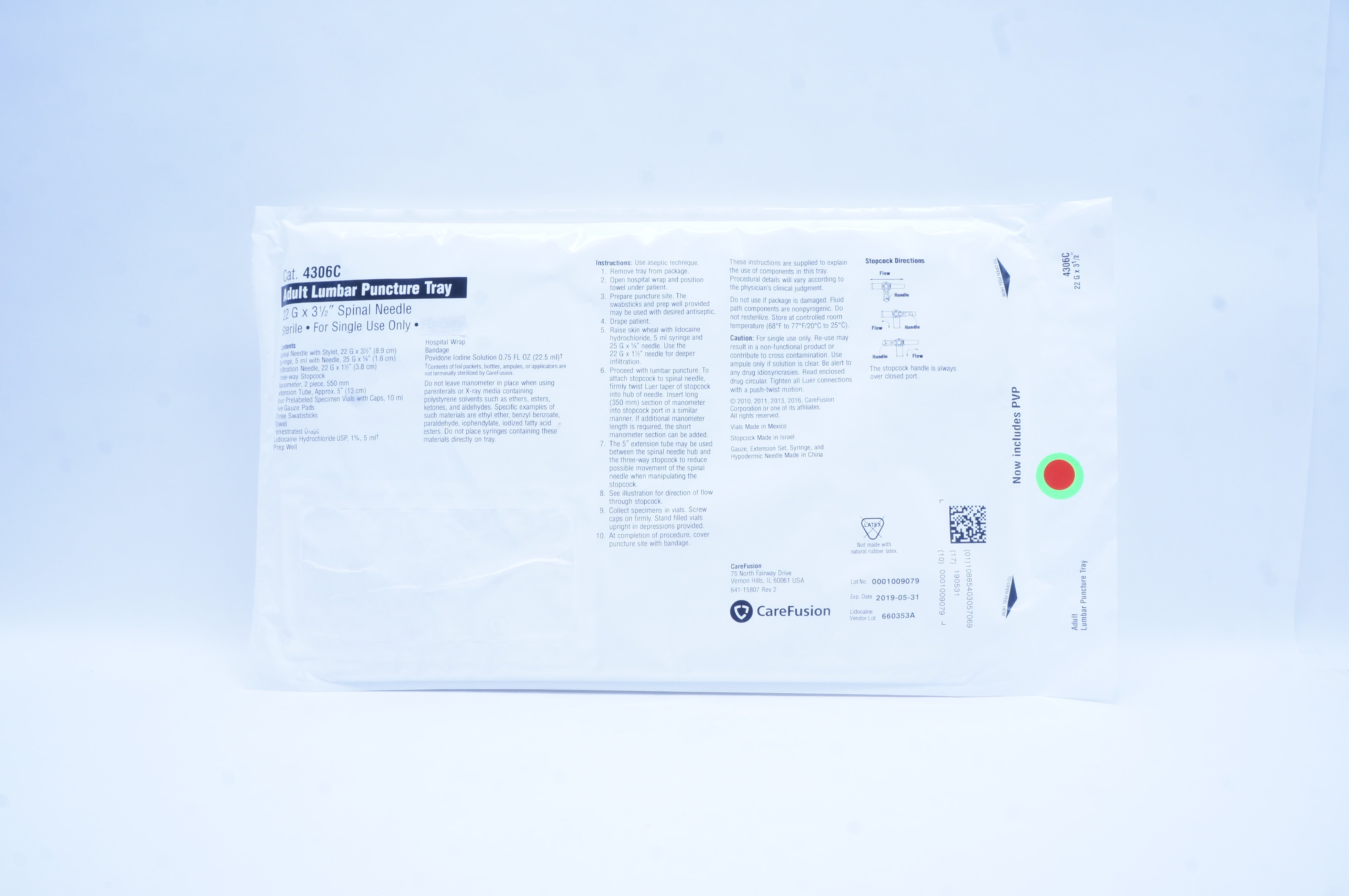 CareFusion 4306C Adult Lumbar Puncture Tray, Ndle 22G x 3 1/2 inch (x)