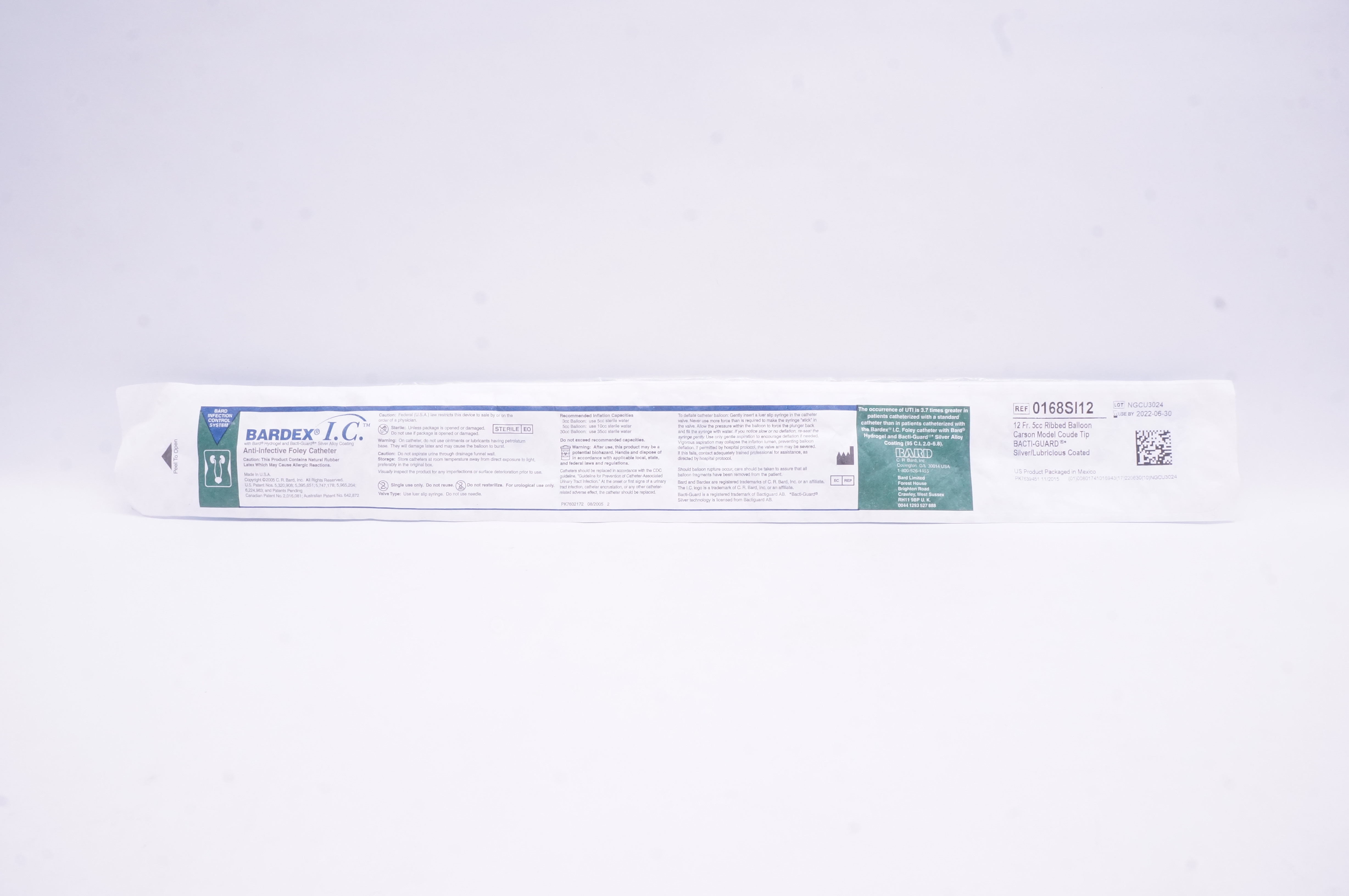 Bard 0168SI12 Bardex I.C. Anti-Infective Foley Cath.12 Fr 5cc Ribbed Balloon