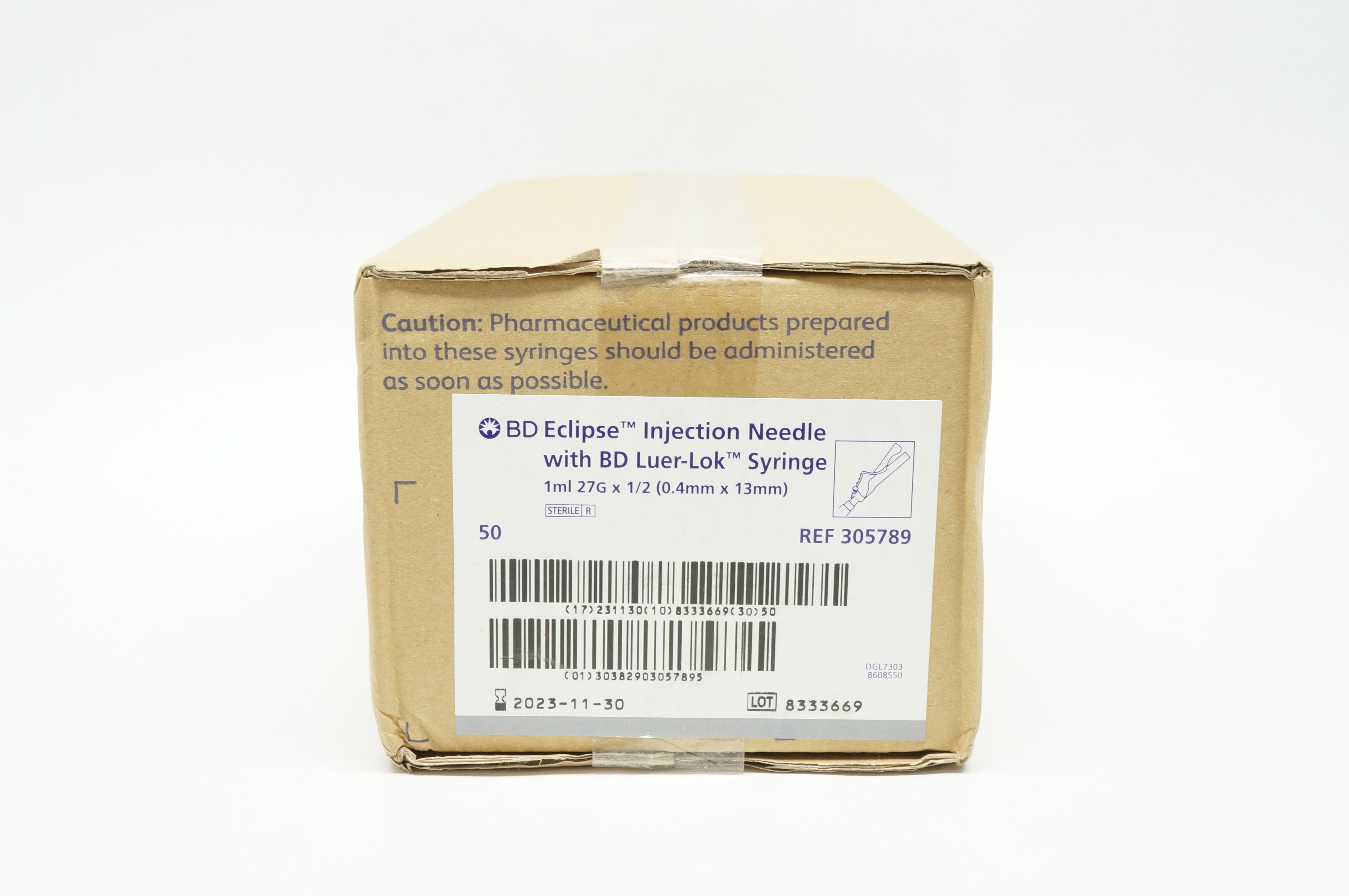 BD 305789 Eclipse Injection Ndle With Luer-Lok Syringe 1ml 27G x 1/2 - Box of 50