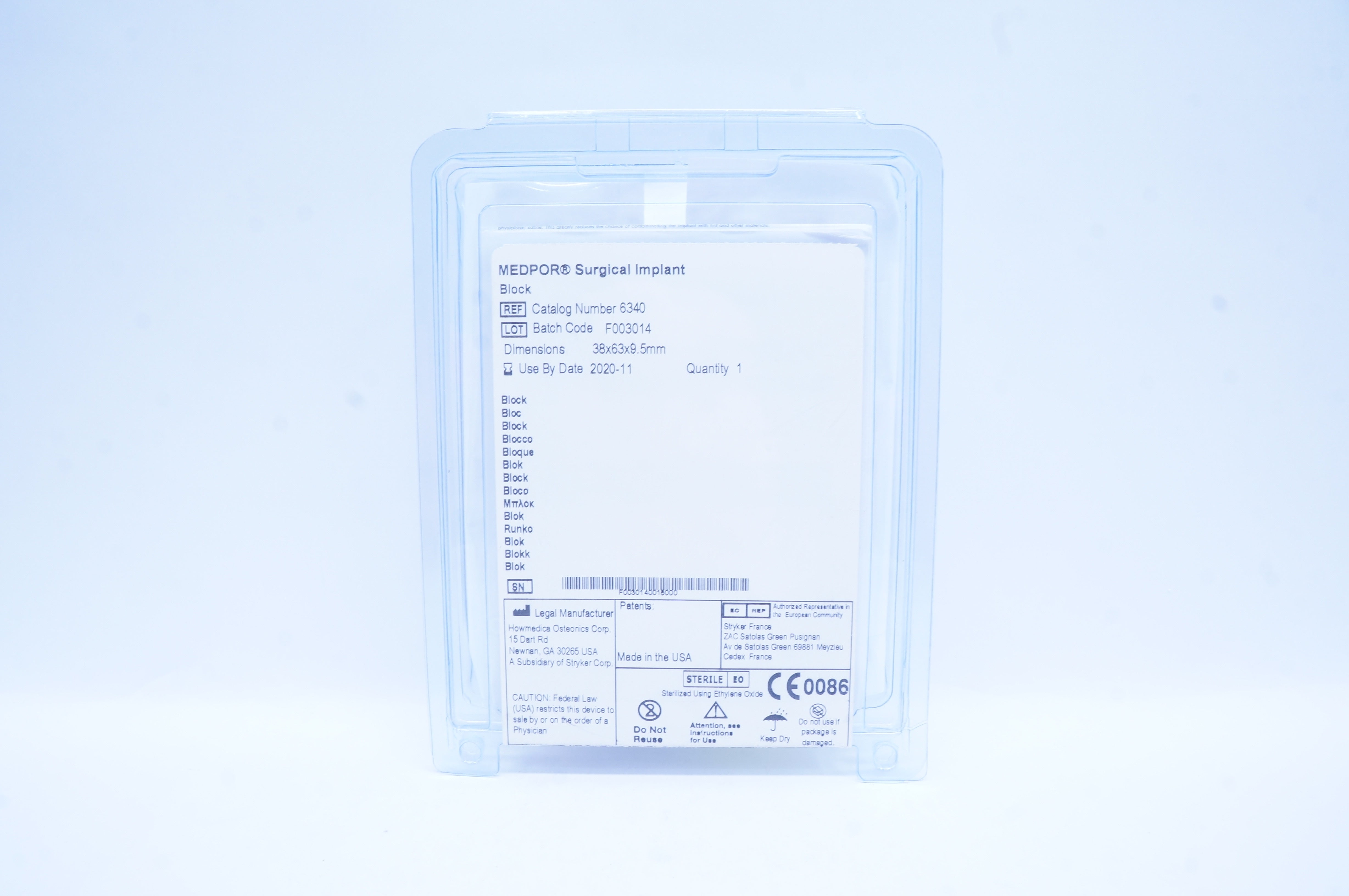 Stryker 6340 Medpor Surgical Implant Block 38 x 63 x 9.5mm (x)