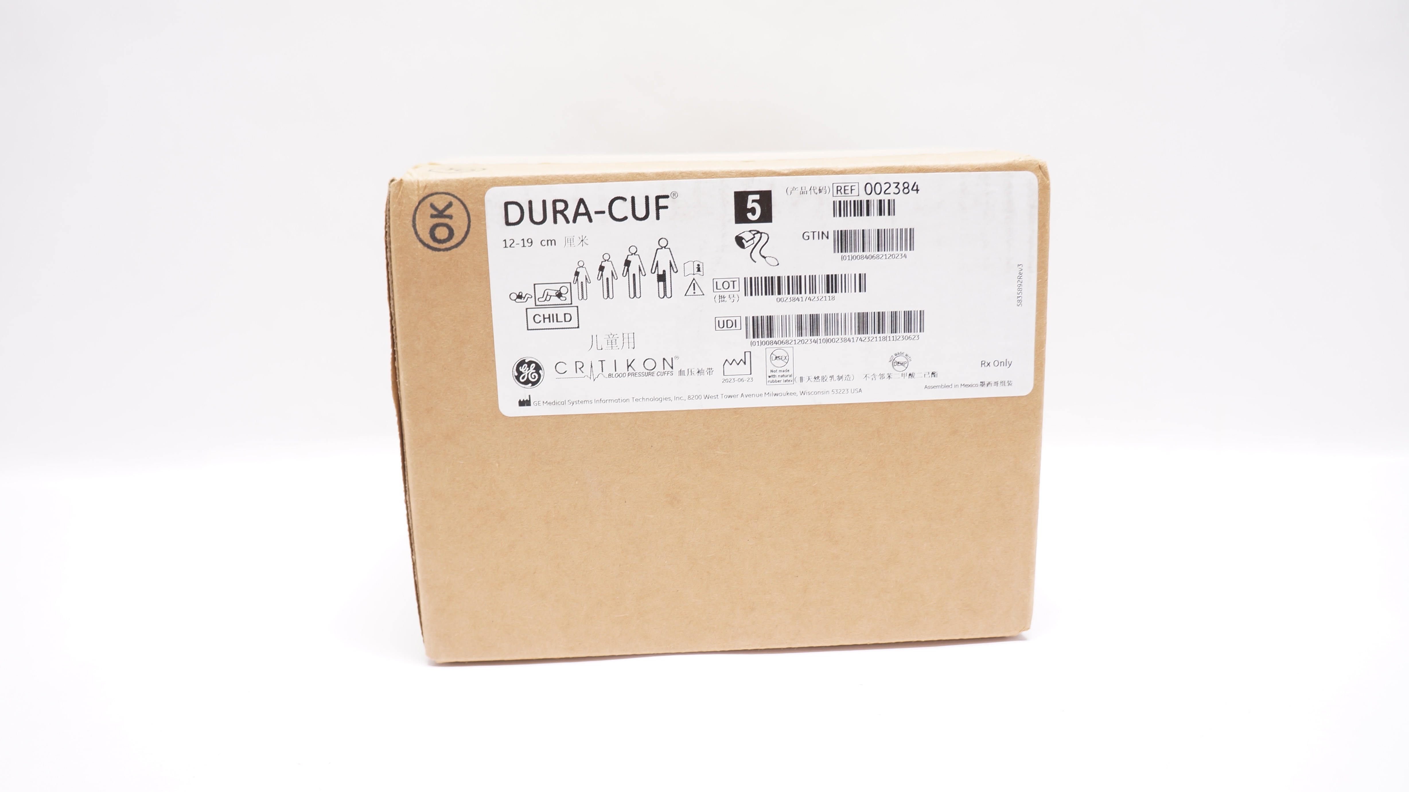 GE 002384 Critikon Dura-Cuf Child Blood Pressure Cuffs 12-19 cm - Box of 5
