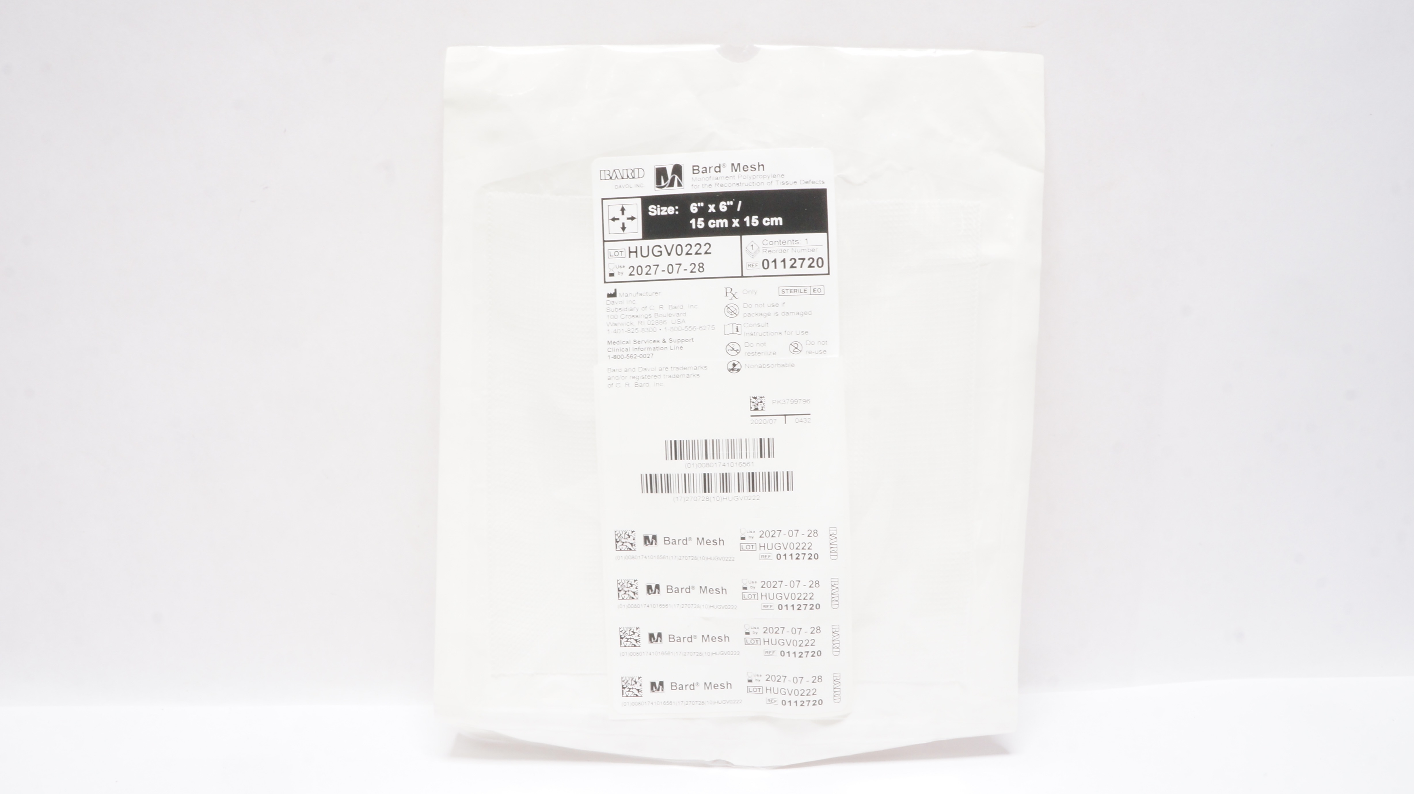 Bard 0112720 Davol Monofilament Polypropylene Mesh 6inch x 6inch