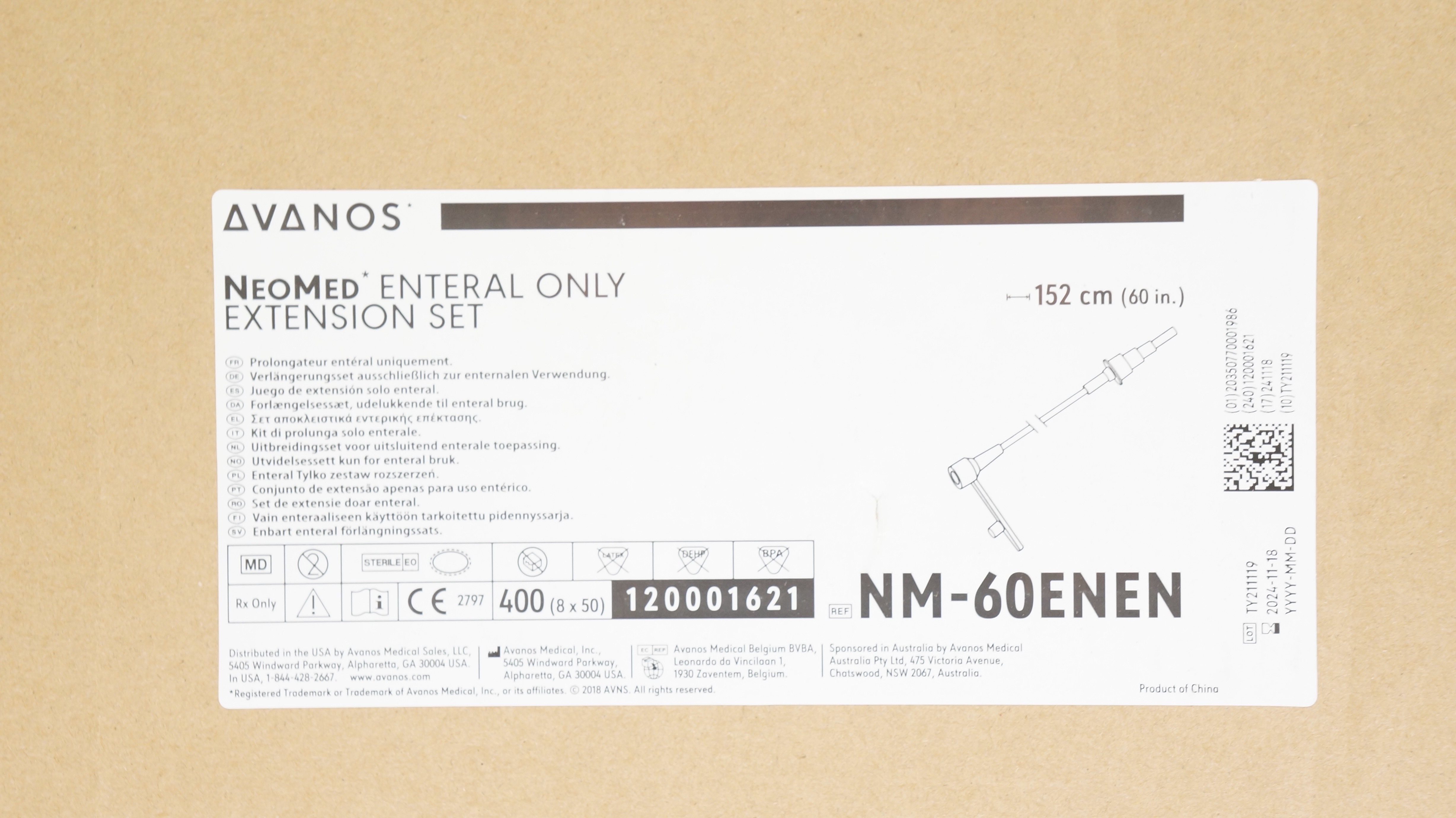 Avanos NM-60ENEN NeoMed Enteral Extension Set Prim.Vol.1.8mL x 60inch-Box of 400