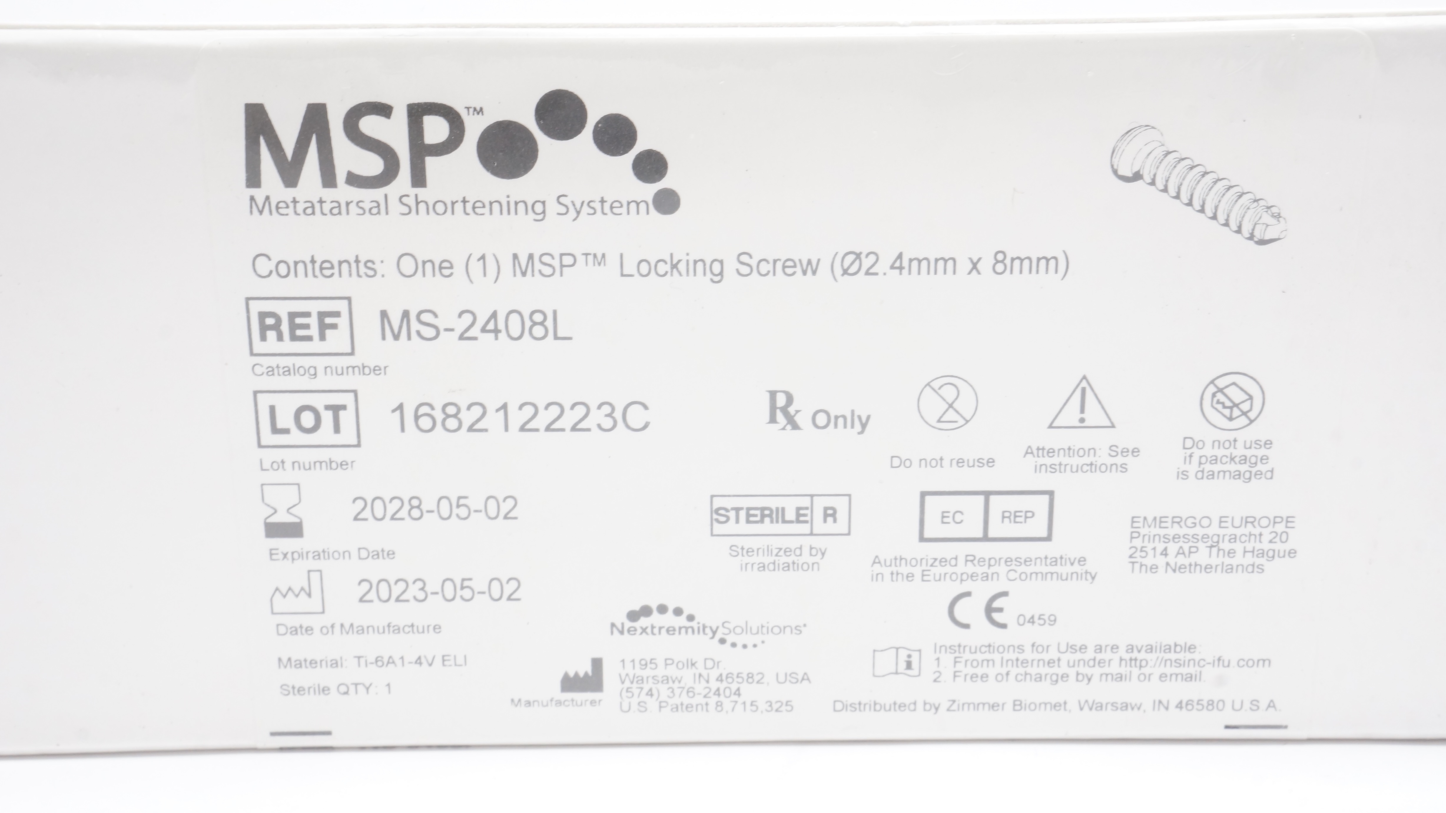 Nextremity Solution MS-2408L MSP Locking Screw, Diameter 2.4mm x 8mm