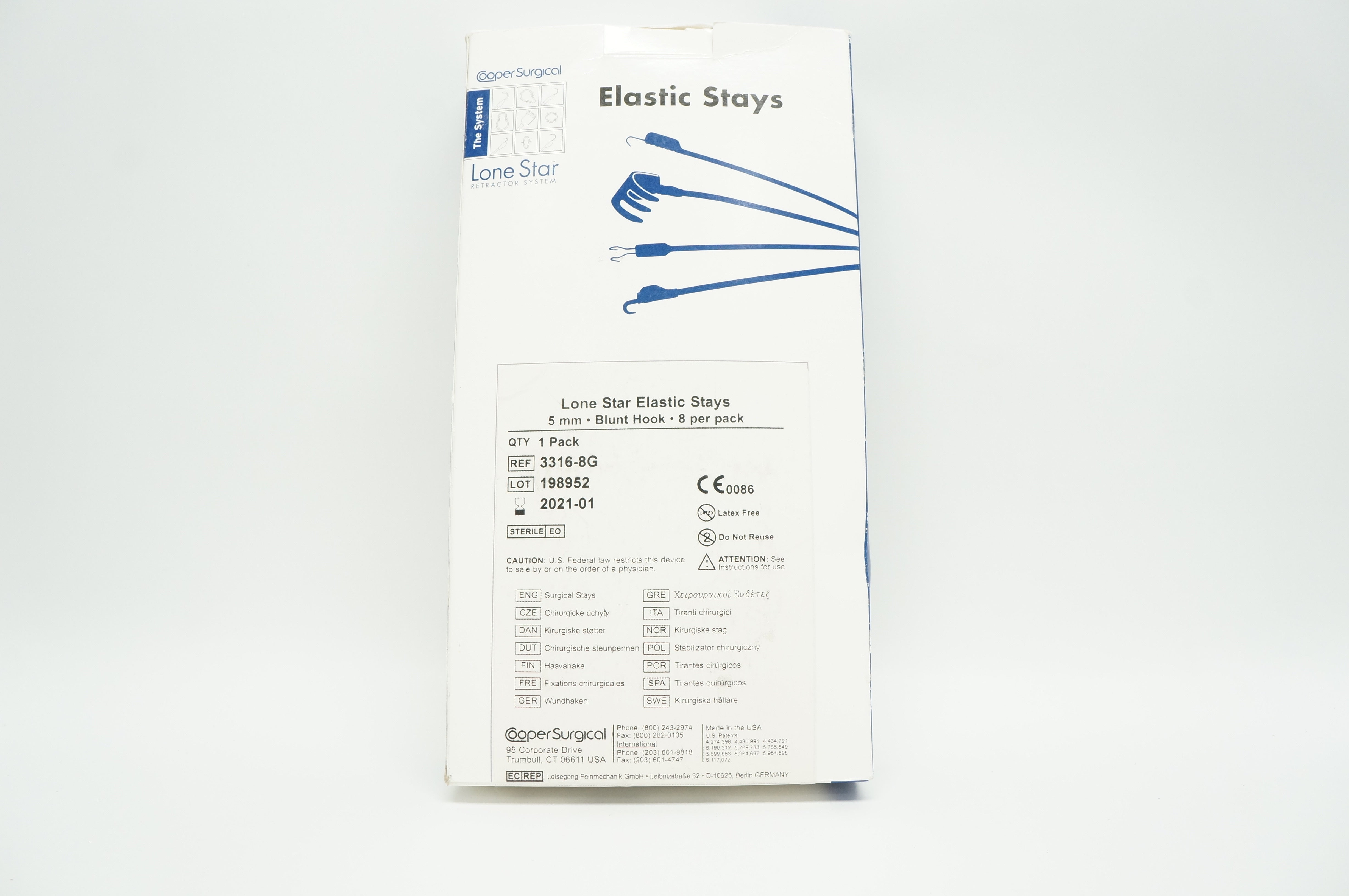 Cooper Surgical 3316-8G Lone Star Elastic Stays Blunt Hook, 5mm (x) - Box of 8