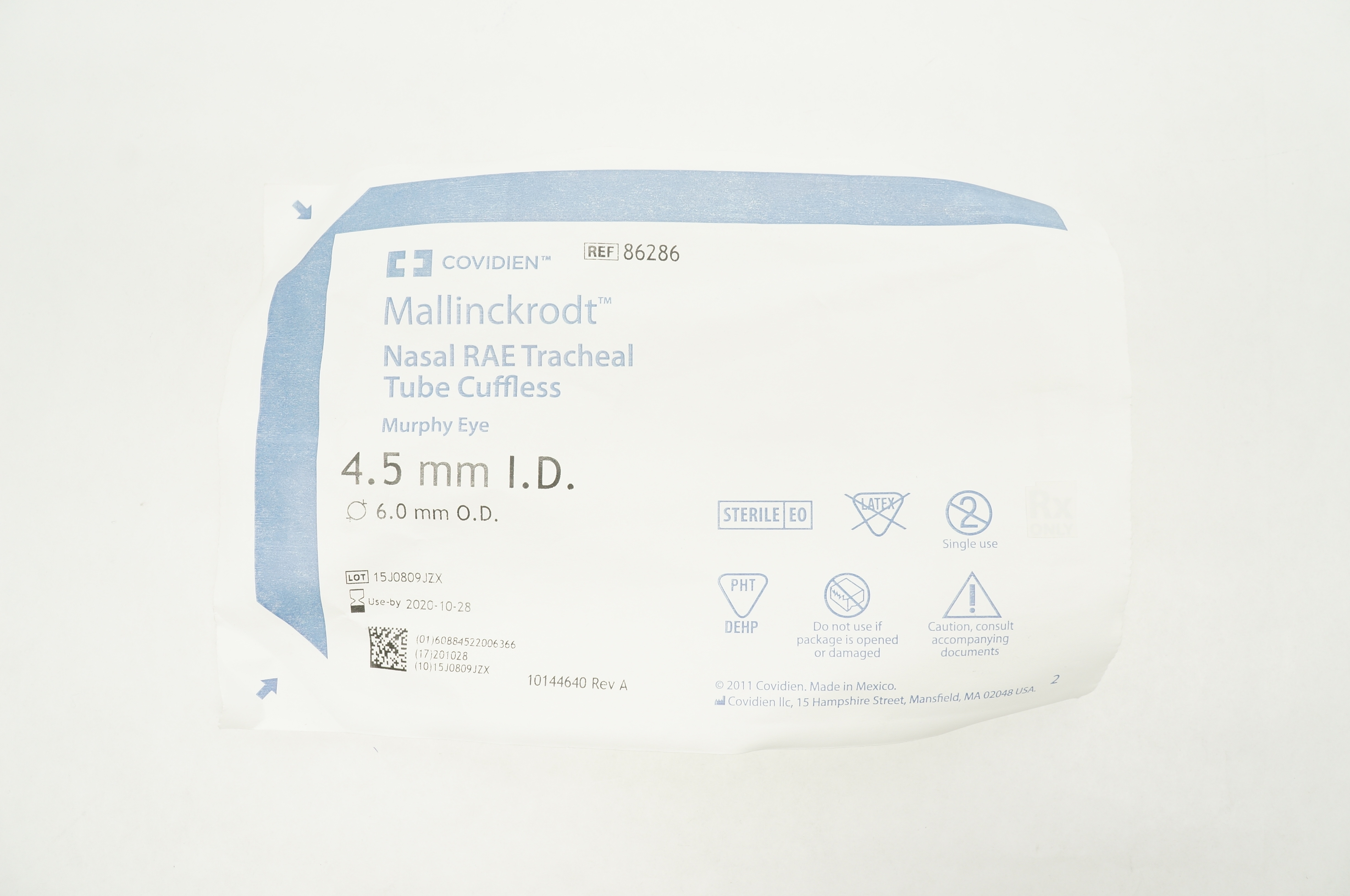 Covidien 86286 Mallinckrodt Nasal RAE Tracheal Tube Cuffless ID 4.5mm (x)